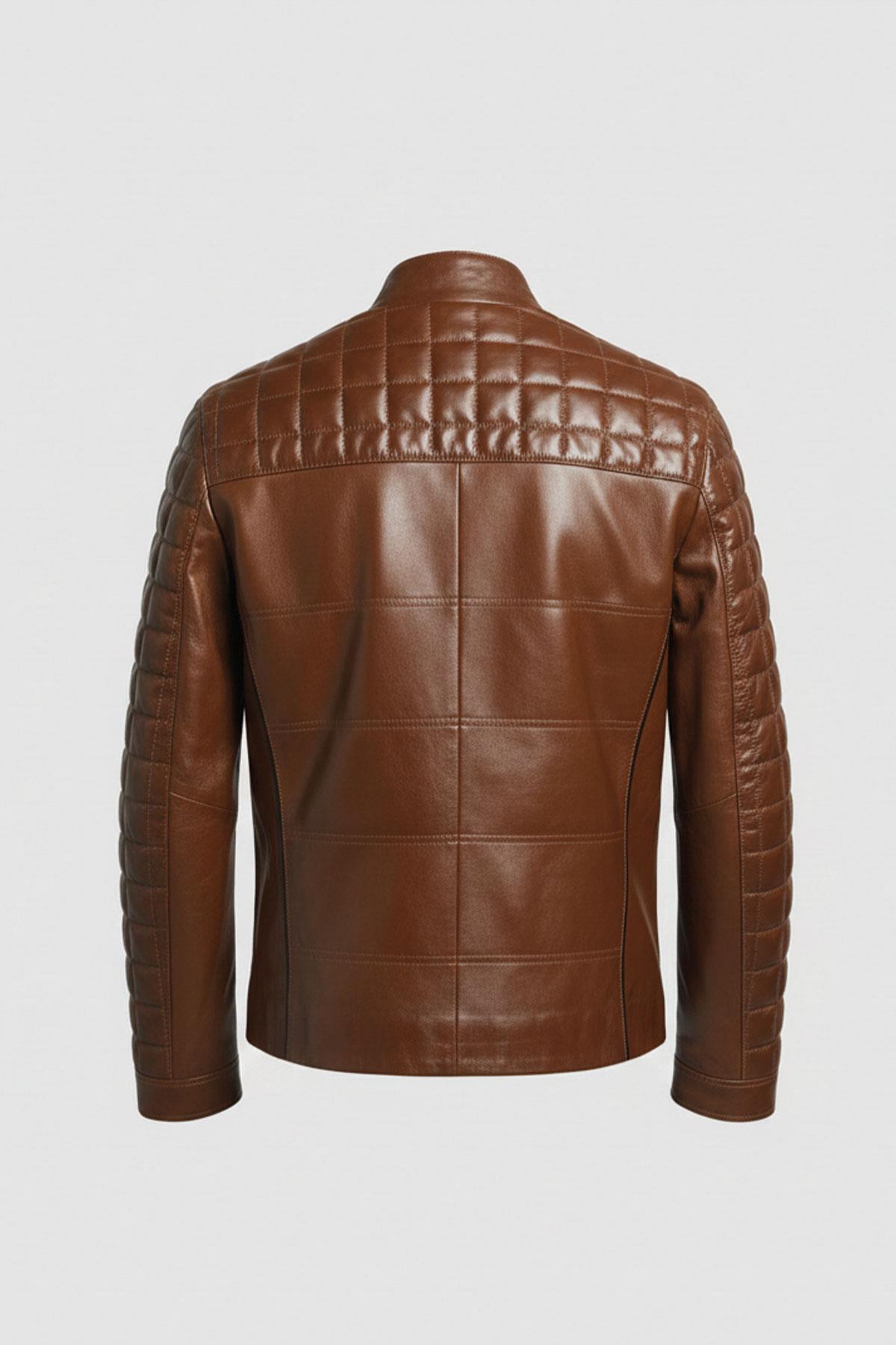 Tan Oscar Quilted Stitched Zippered Genuine Leather Mens Coat