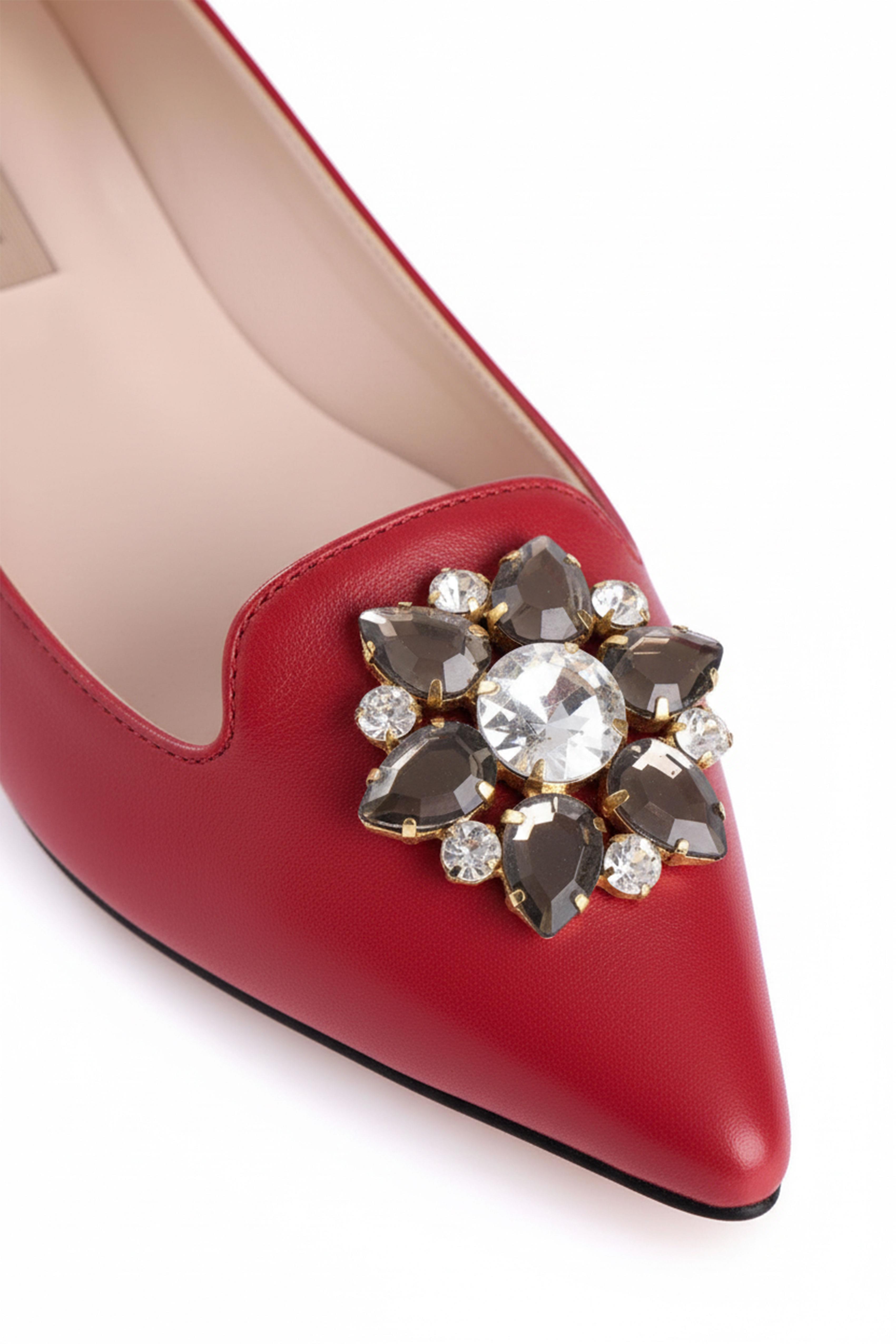 Taş Detaylı Deri Kırmızı Babet