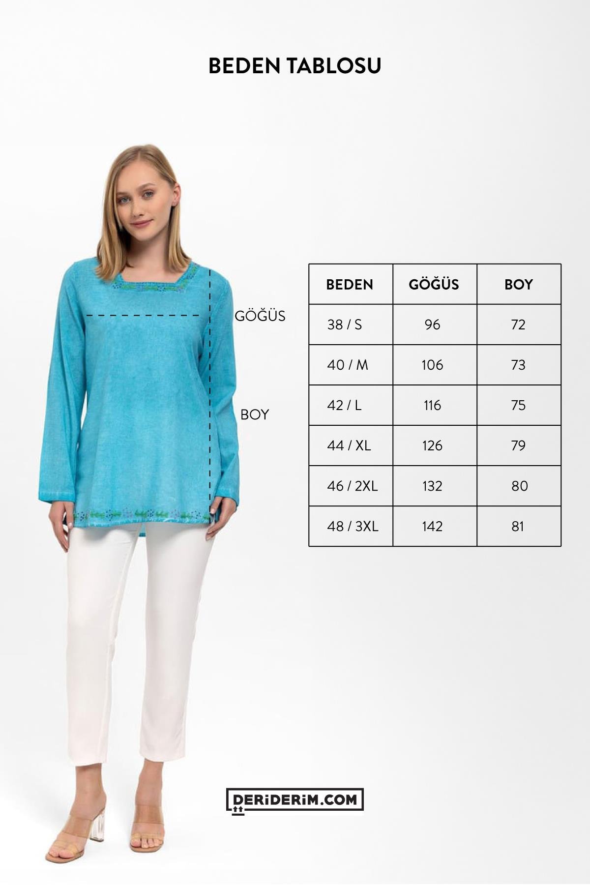 Turkuaz Kare İşlemeli Yaka Uzun Kollu Şile Bezi Kare Yaka Pamuklu Bluz