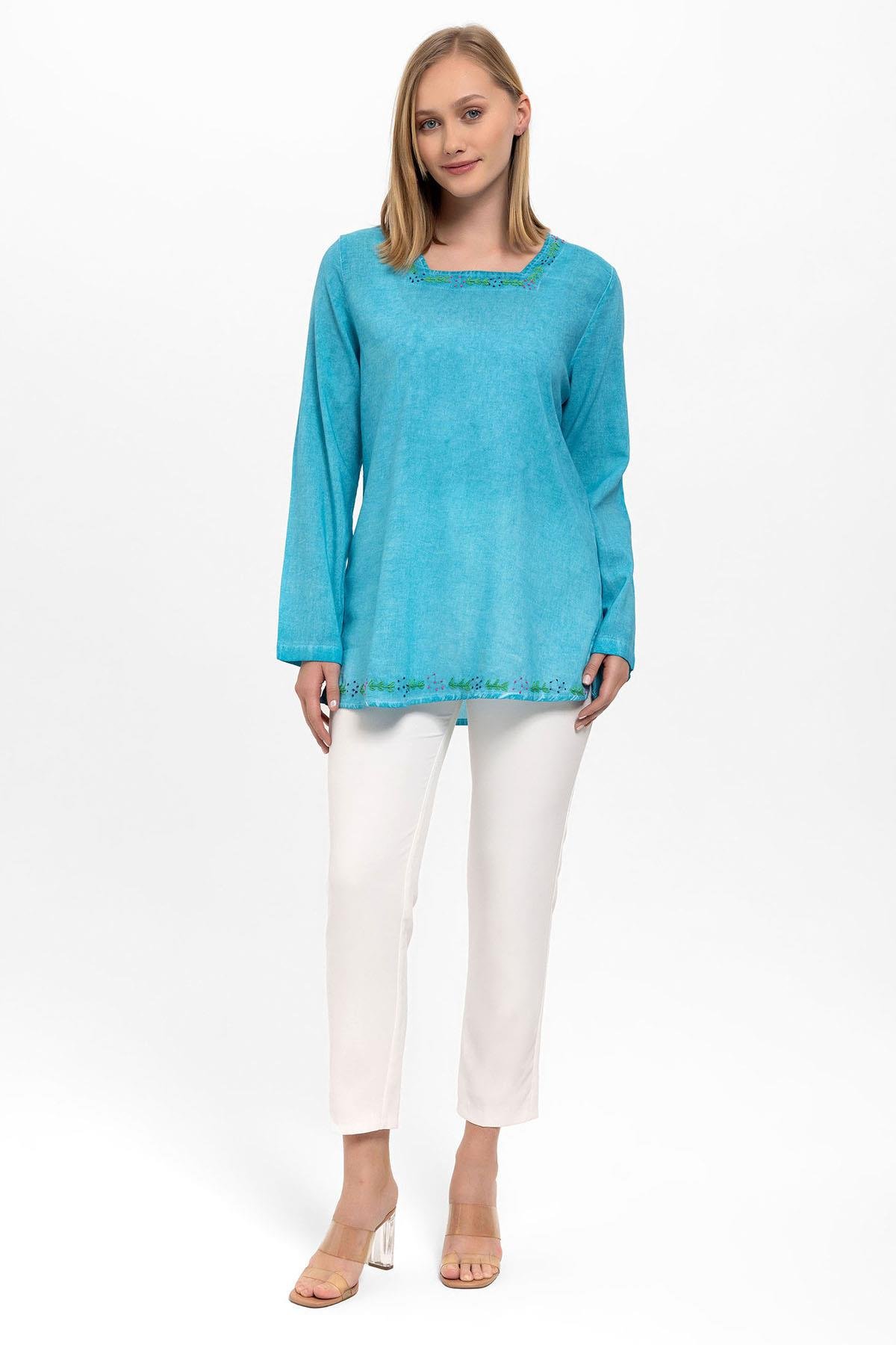 Turkuaz Kare İşlemeli Yaka Uzun Kollu Şile Bezi Kare Yaka Pamuklu Bluz