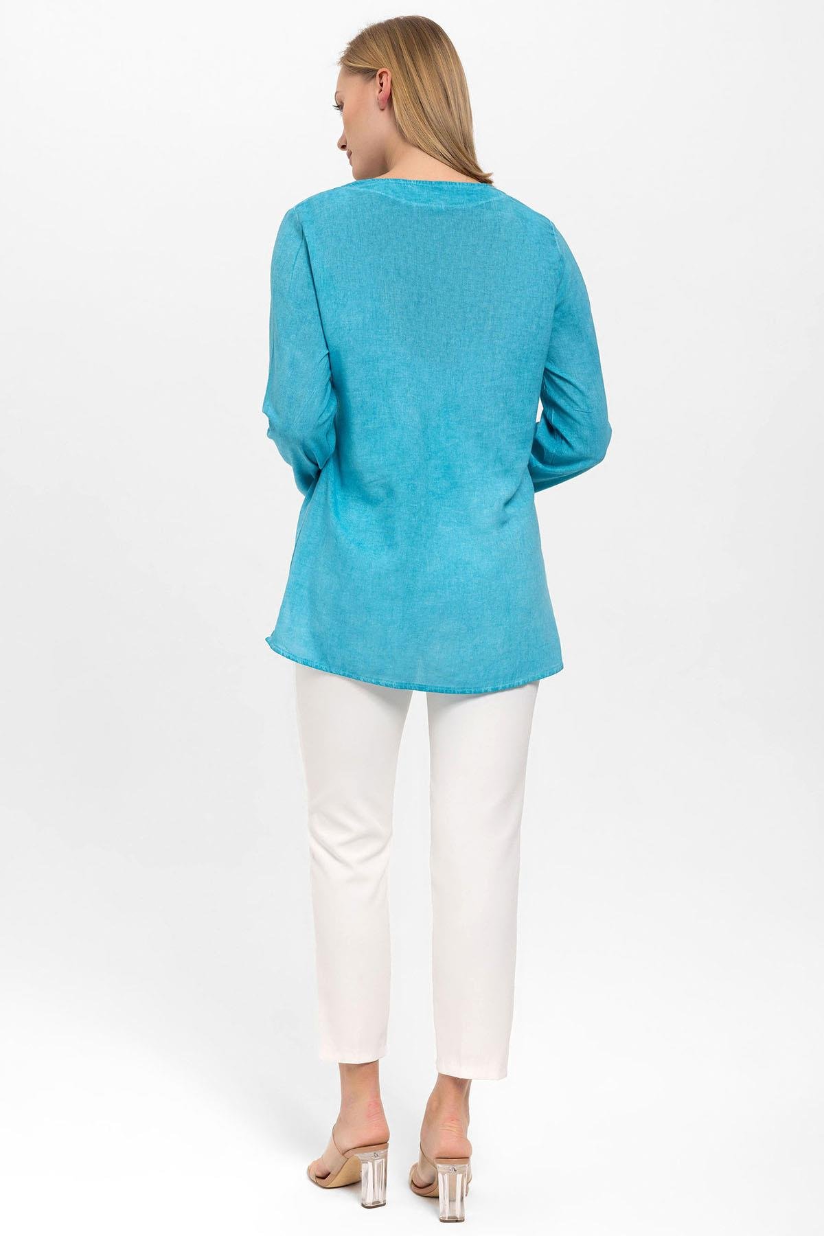 Turkuaz Kare İşlemeli Yaka Uzun Kollu Şile Bezi Kare Yaka Pamuklu Bluz