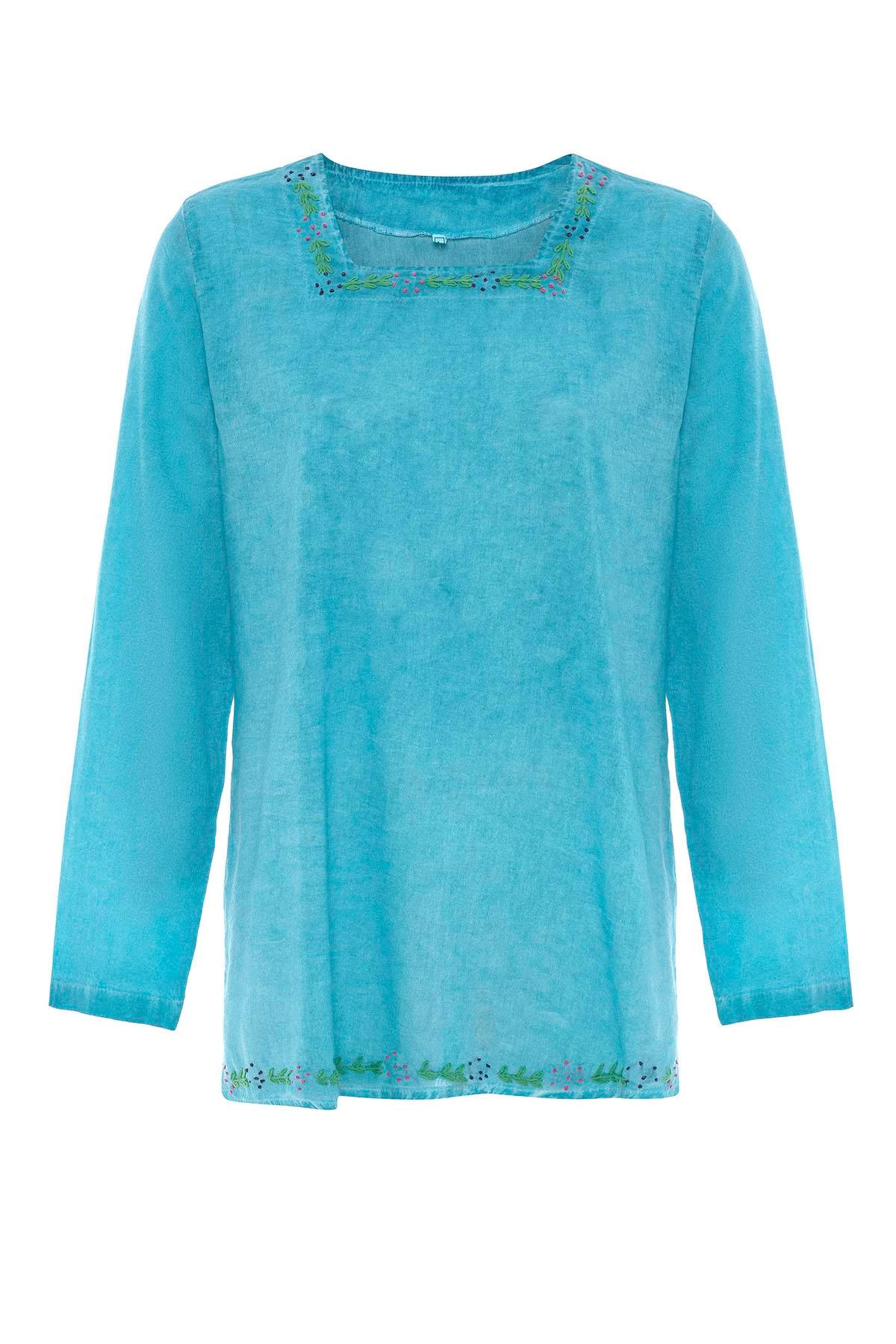 Turkuaz Kare İşlemeli Yaka Uzun Kollu Şile Bezi Kare Yaka Pamuklu Bluz