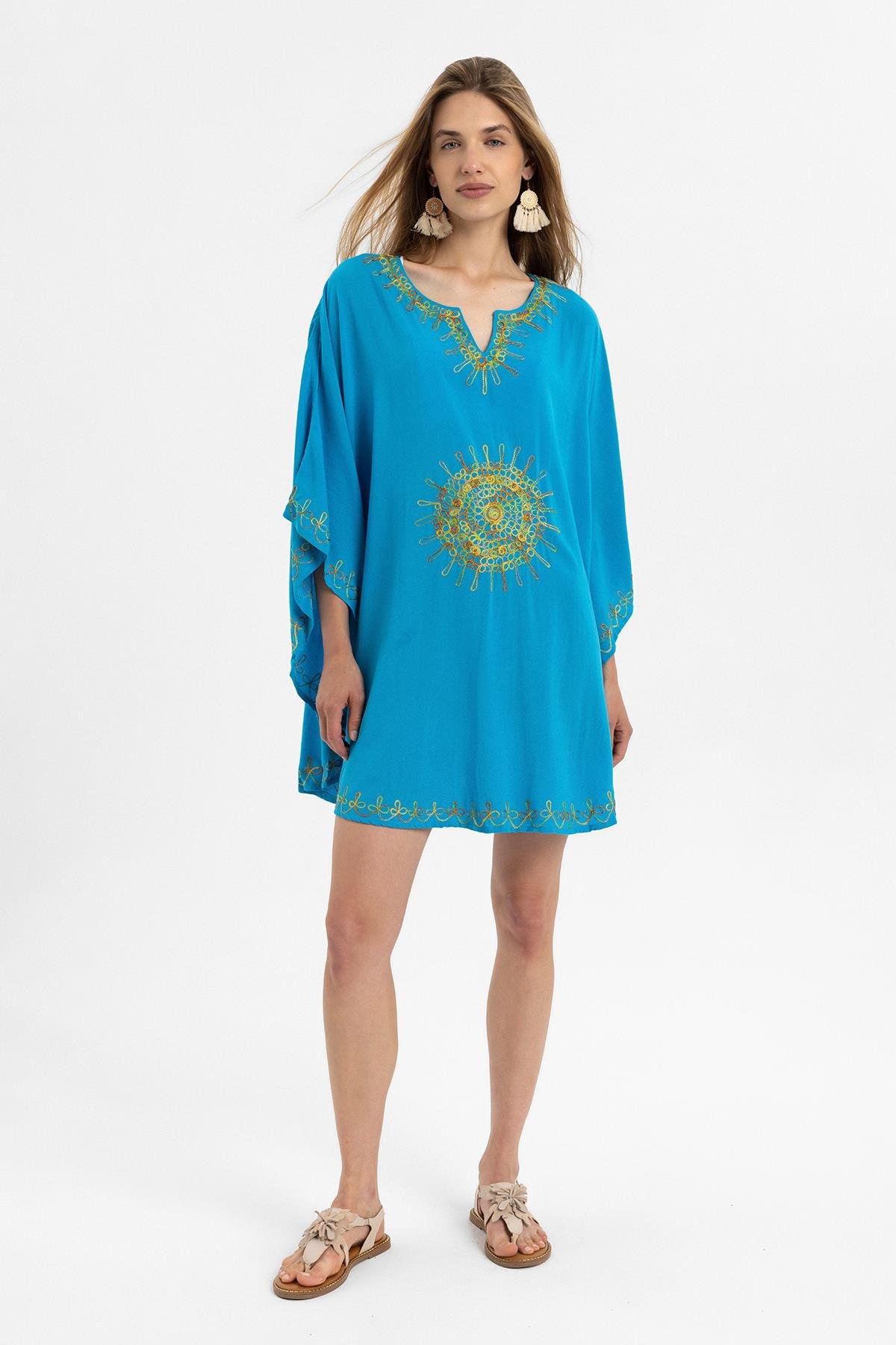 Turkuaz Şile Bezi Yarasa Kollu İşlemeli Kısa Yazlık Astarsız Plaj Pamuklu Kaftan Elbise