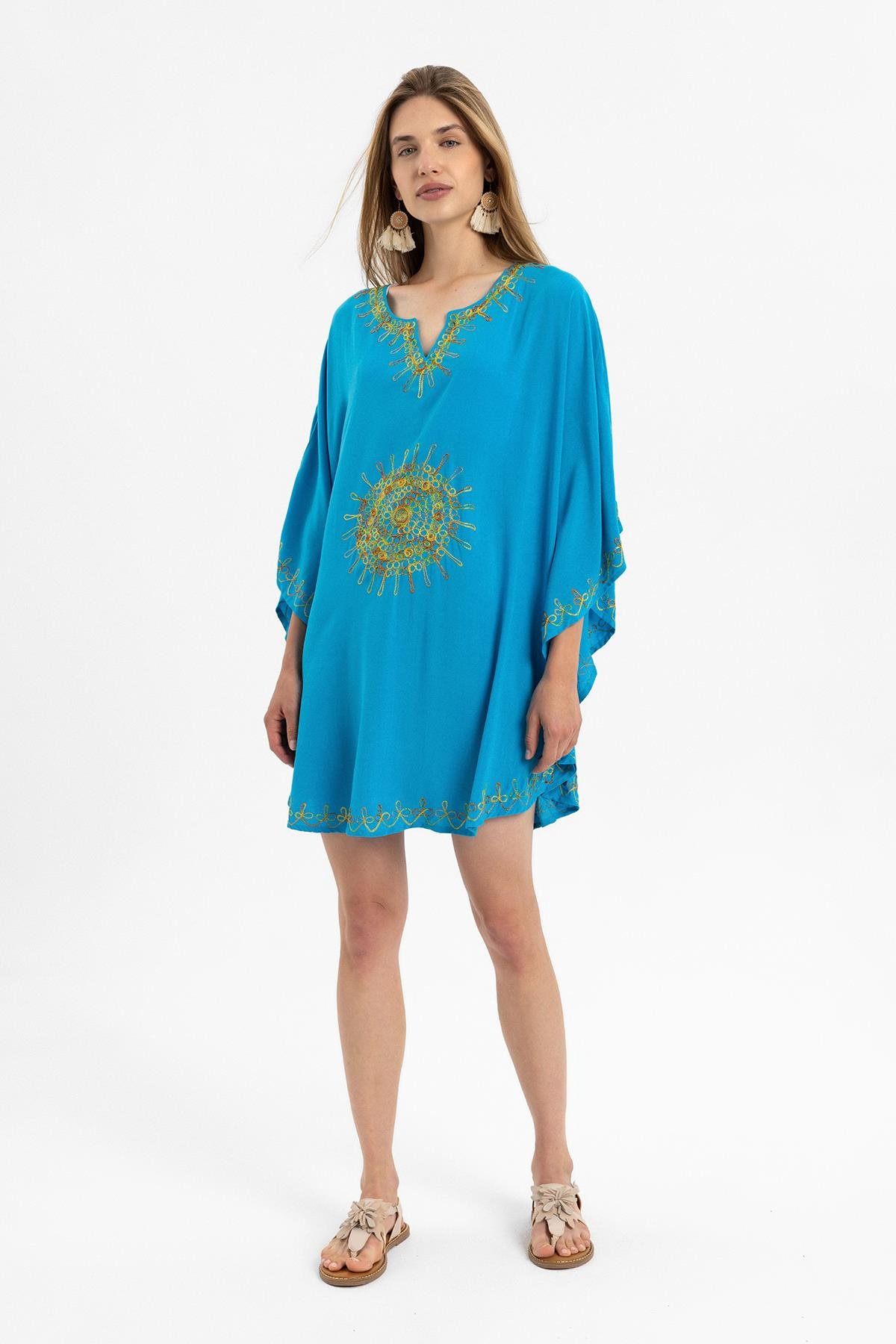 Turkuaz Şile Bezi Yarasa Kollu İşlemeli Kısa Yazlık Astarsız Plaj Pamuklu Kaftan Elbise