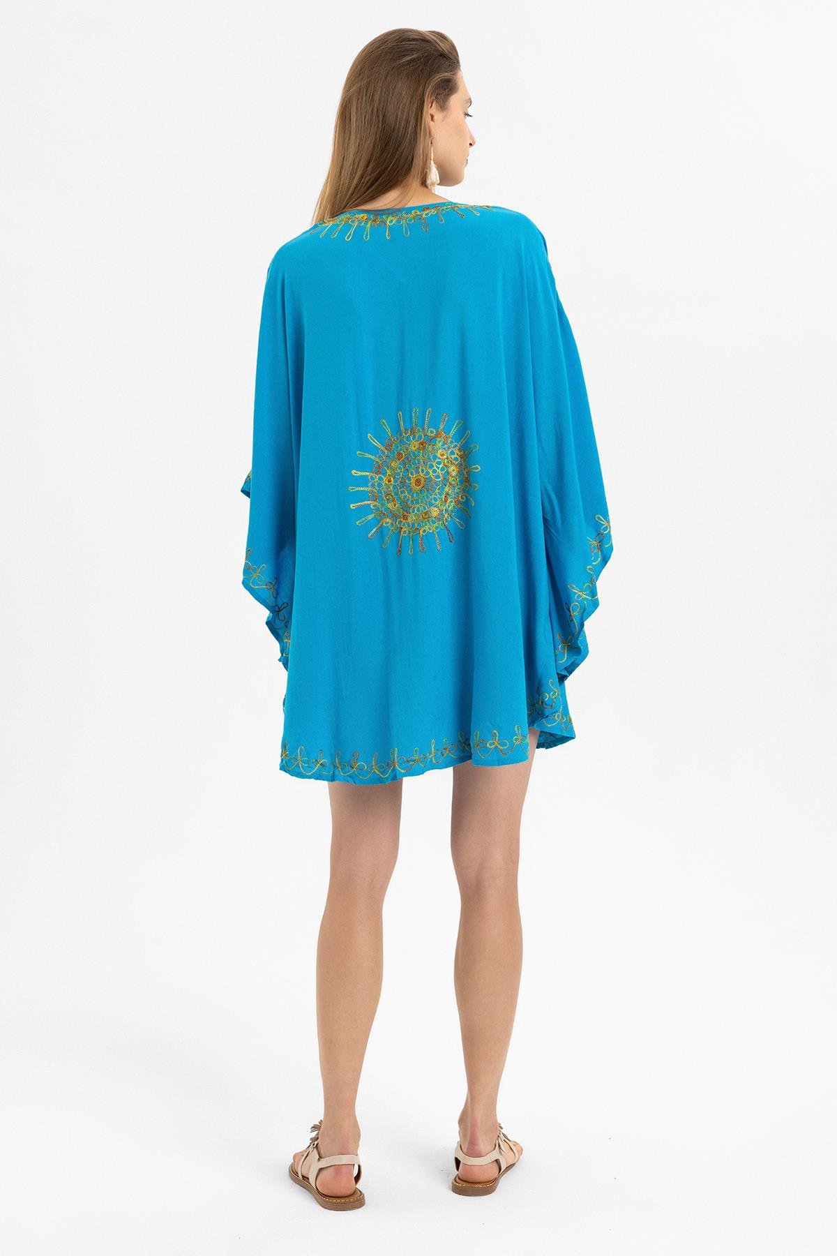 Turkuaz Şile Bezi Yarasa Kollu İşlemeli Kısa Yazlık Astarsız Plaj Pamuklu Kaftan Elbise