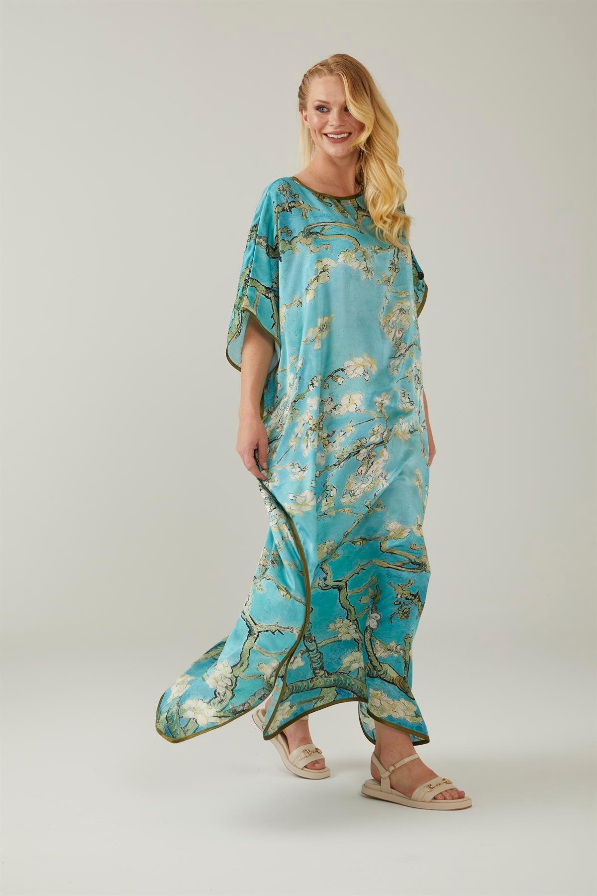 Turkuaz Van Gogh Almond Blossoms Desenli İpek Elbise