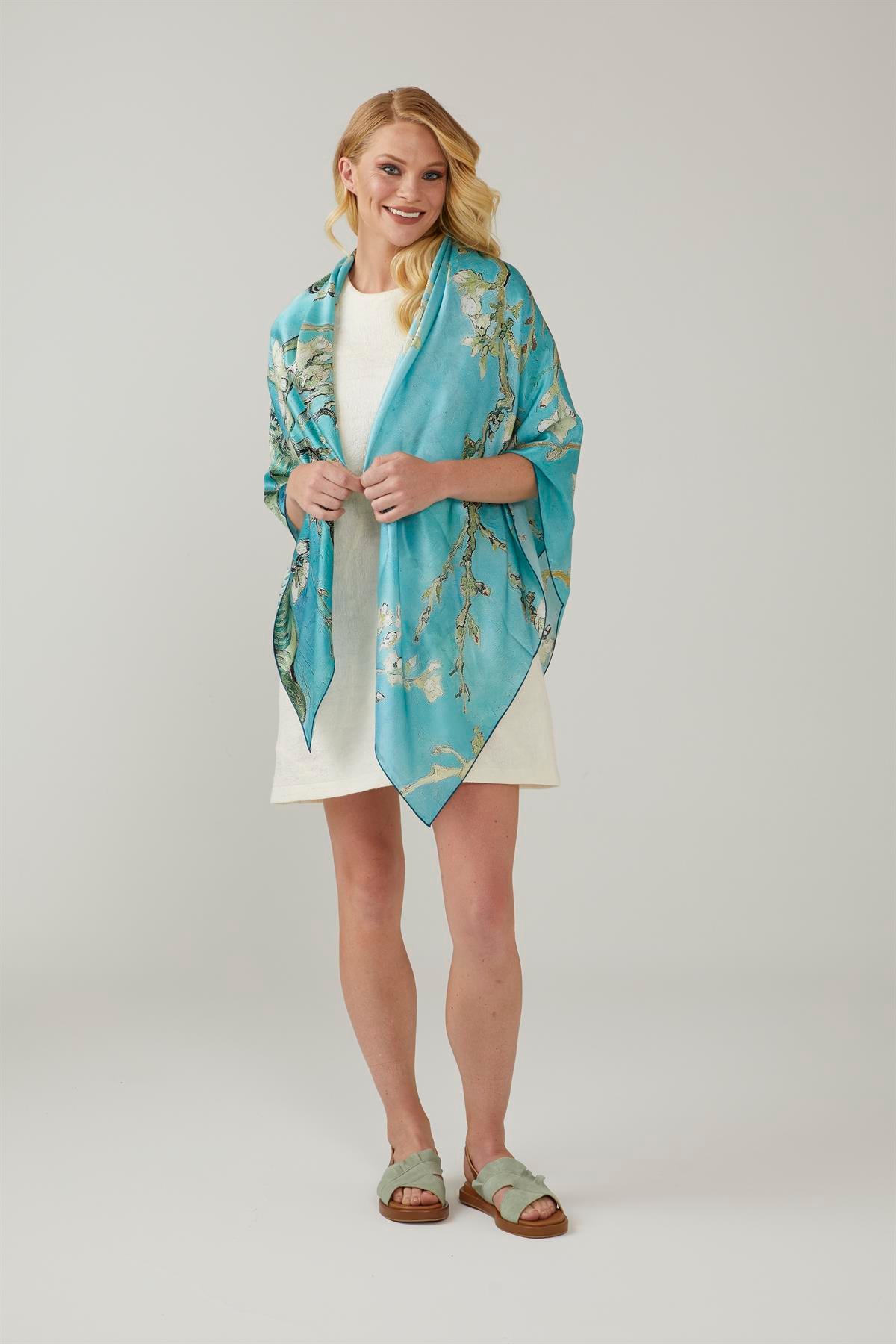 Turkuaz Van Gogh Almond Blossoms Kare 140x140 Ipek Şal Eşarp