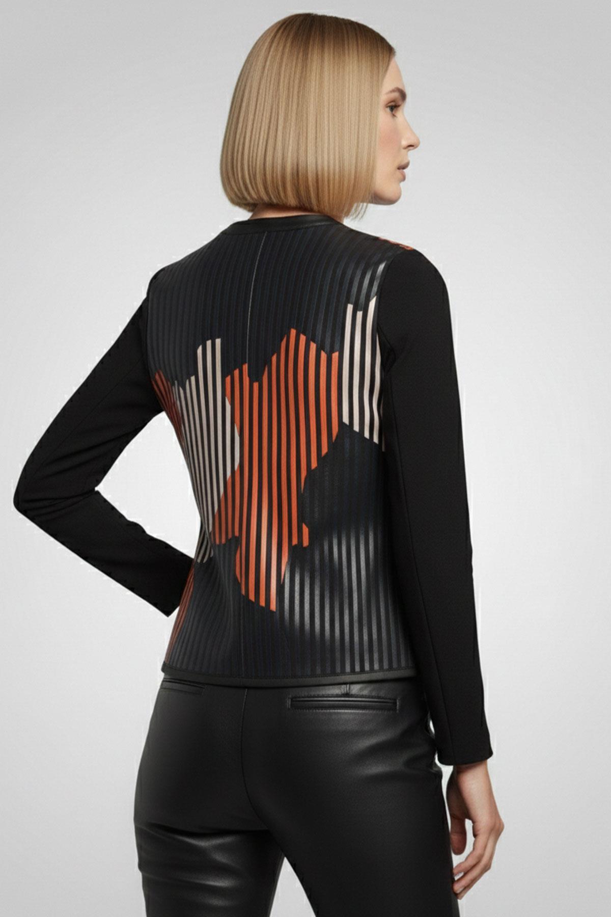 Turuncu Siyah Mavi Lona Tül Üzerine Çizgili Deri Baskılı Kadın Hakiki Deri Ceket