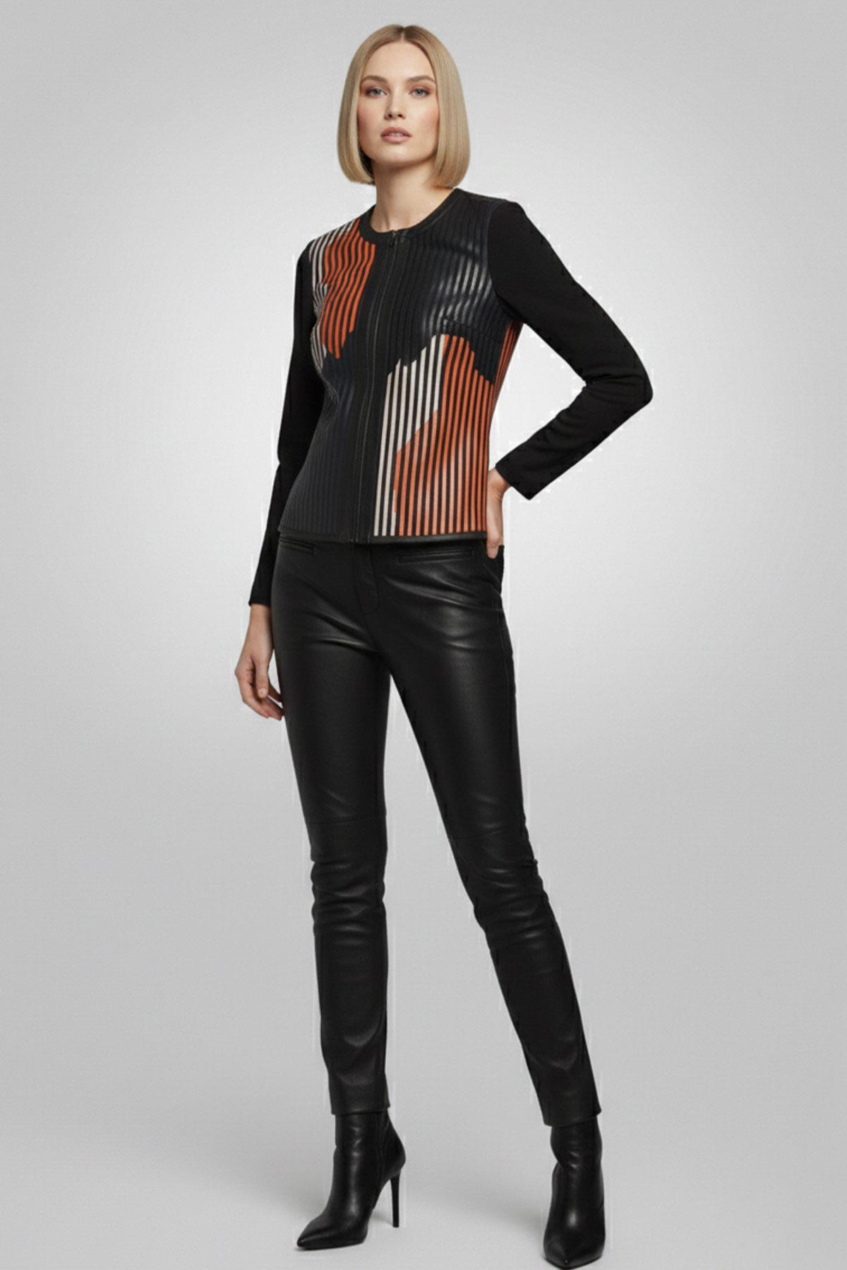 Turuncu Siyah Mavi Lona Tül Üzerine Çizgili Deri Baskılı Kadın Hakiki Deri Ceket