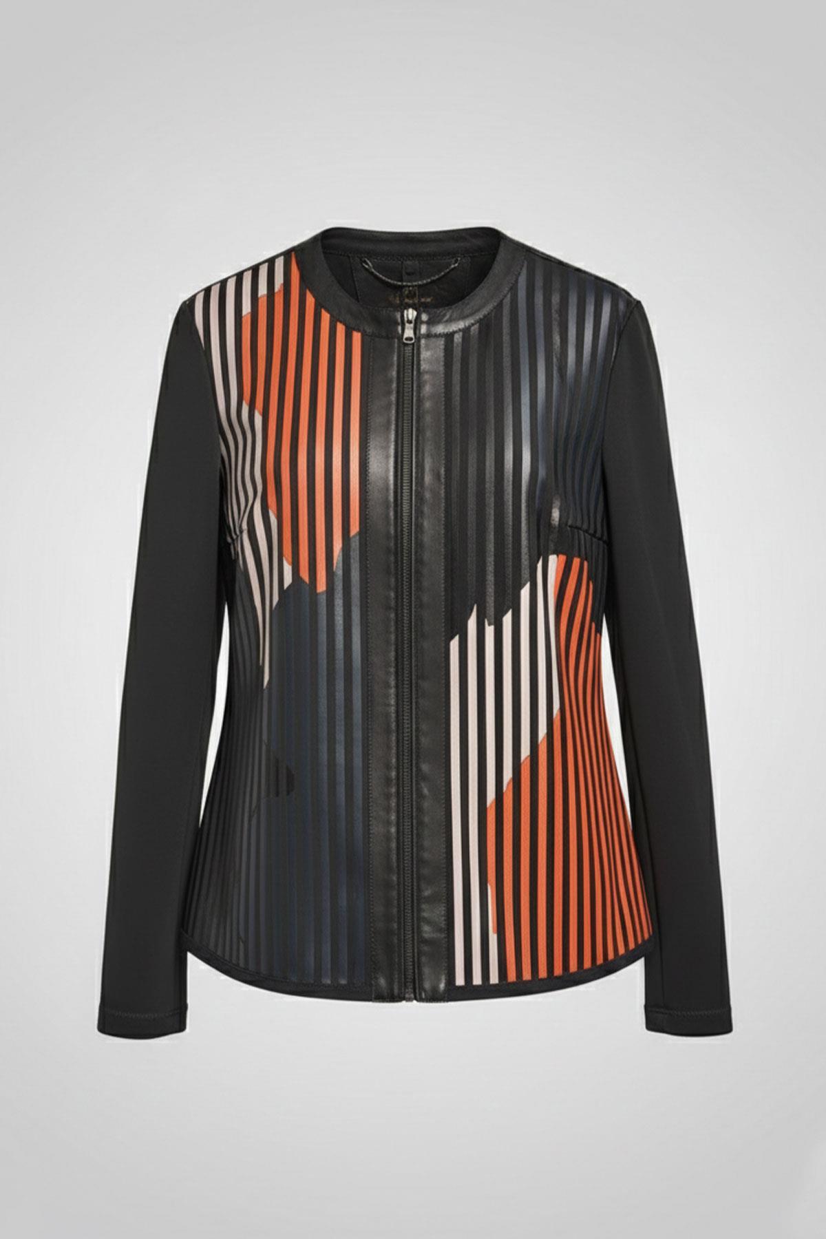 Turuncu Siyah Mavi Lona Tül Üzerine Çizgili Deri Baskılı Kadın Hakiki Deri Ceket