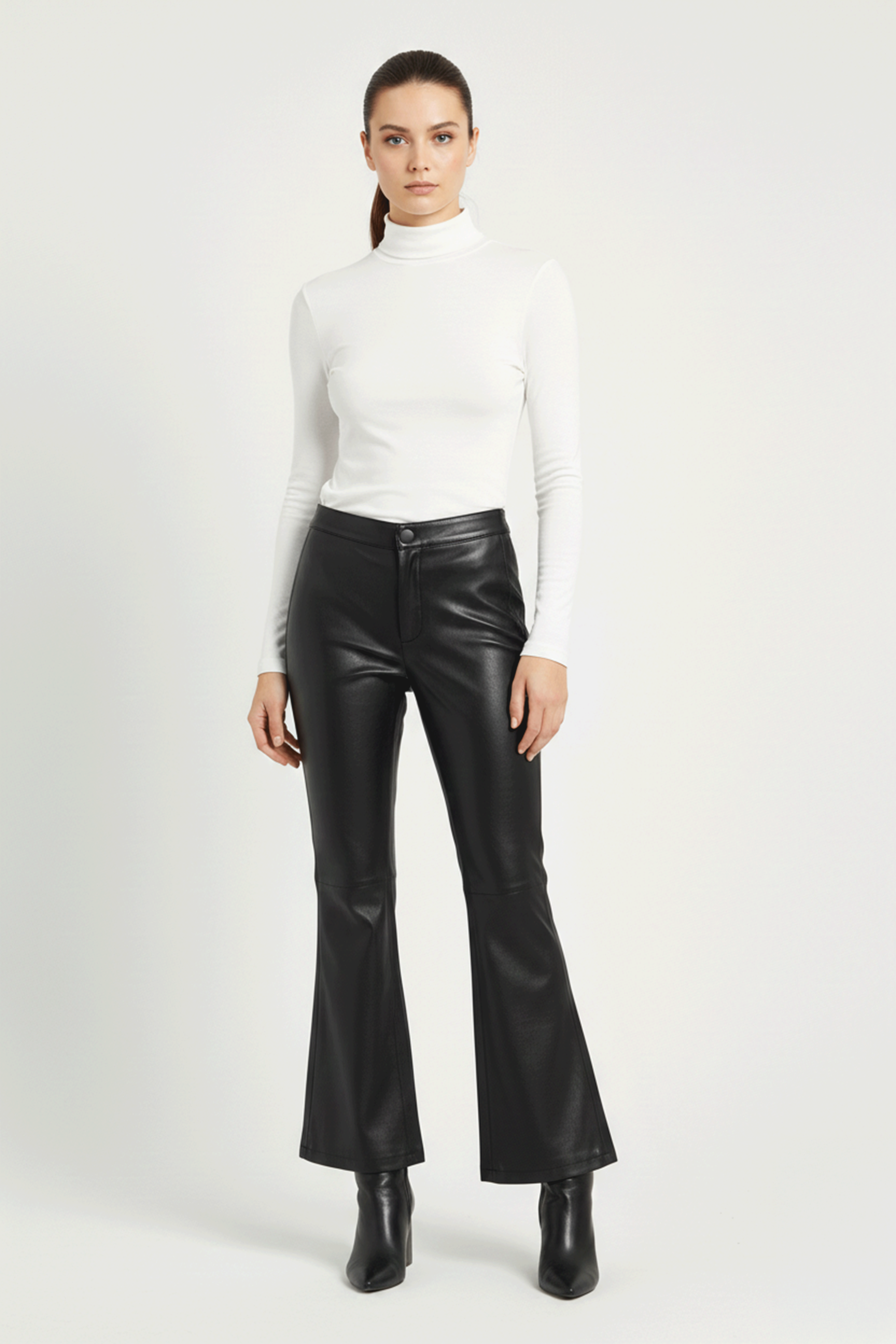 Vera Yüksek Bel Siyah Hakiki Streç Deri İspanyol Paça Pantolon