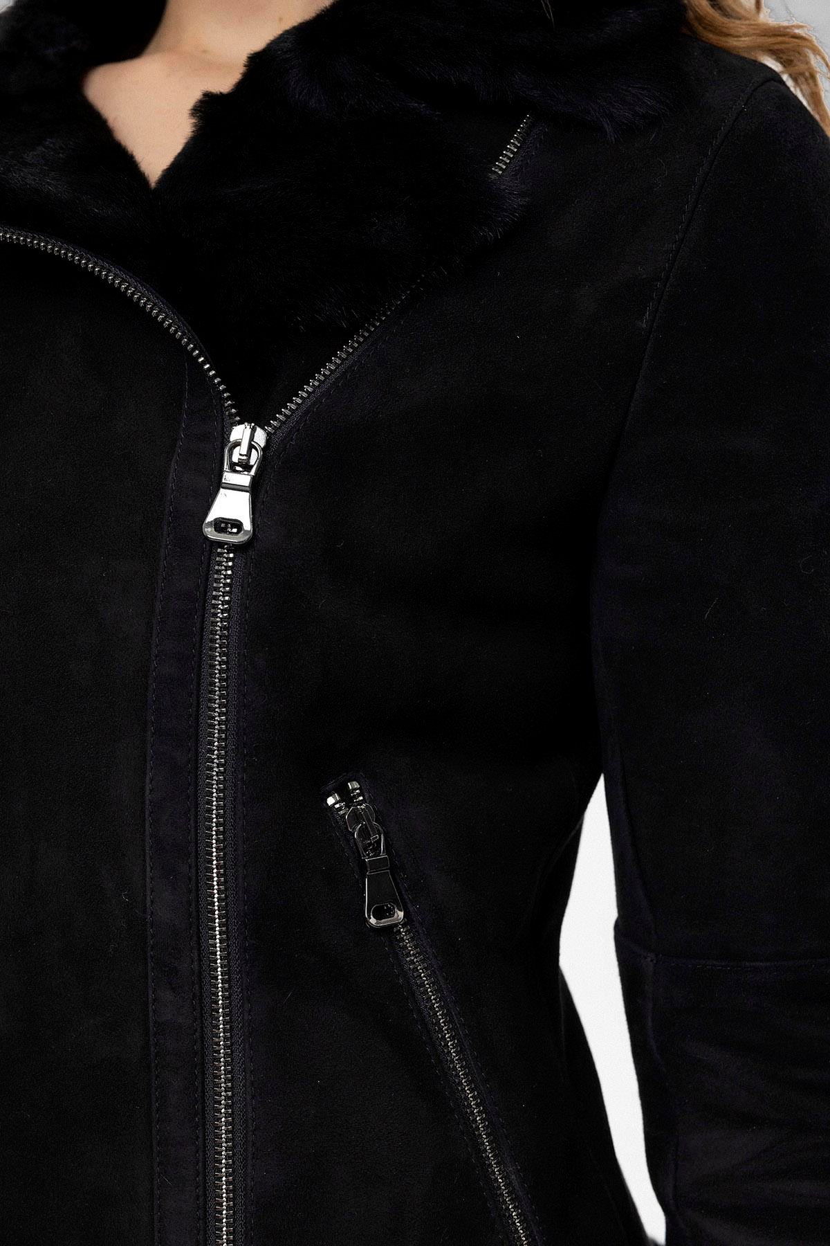 Violet Black Zipper Biker Womens Genuine Fur Coat