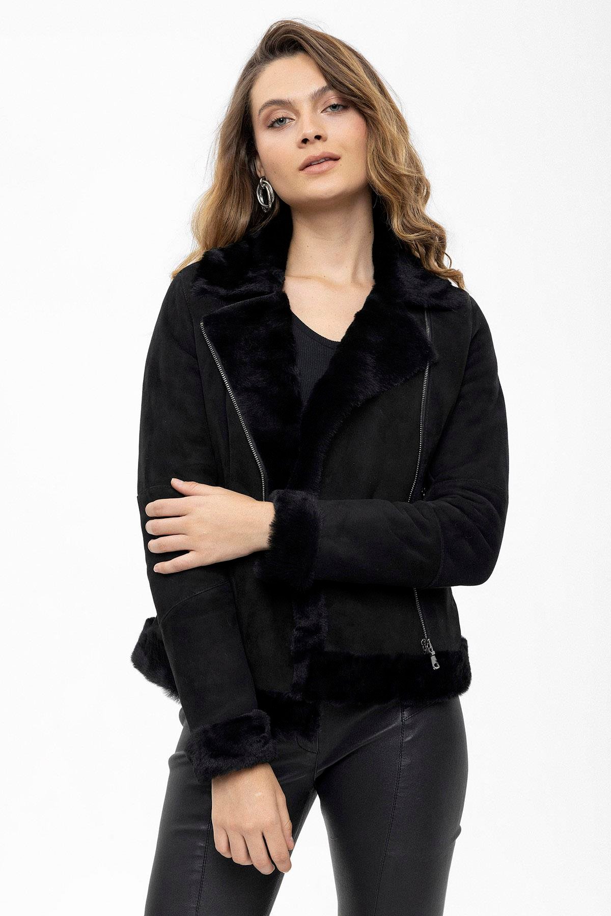 Violet Black Zipper Biker Womens Genuine Fur Coat
