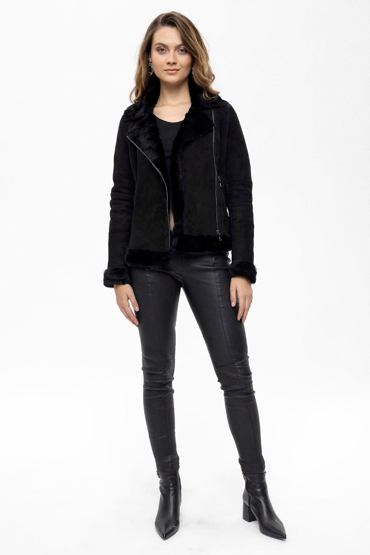 Violet Black Zipper Biker Womens Genuine Fur Coat