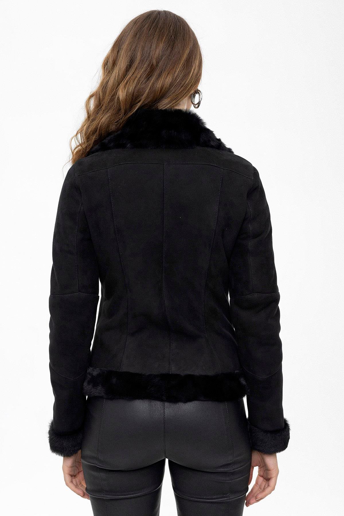 Violet Black Zipper Biker Womens Genuine Fur Coat