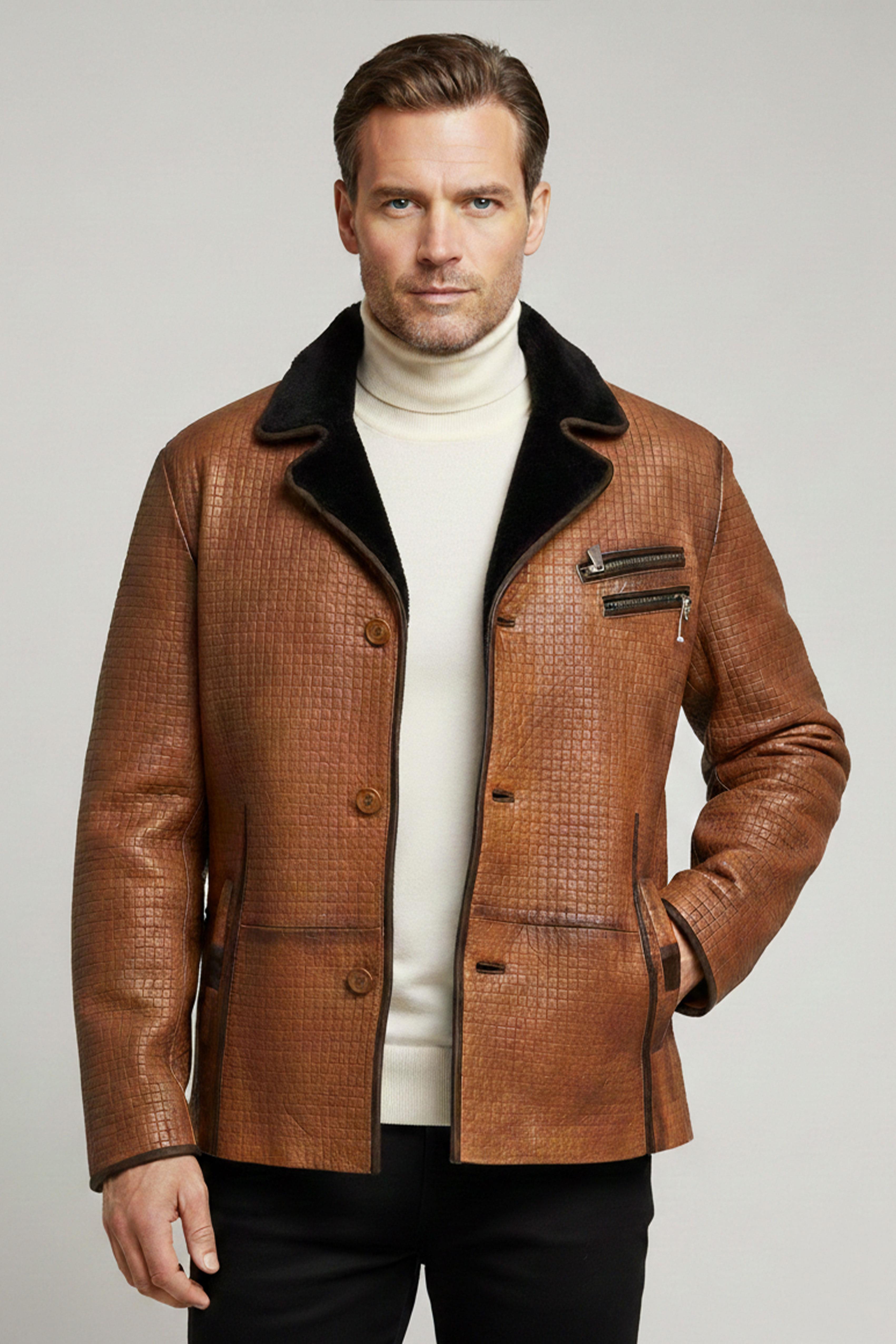 Viski Braxton İçi Kahve Tüylü Fermuarlı Süs Düğmeli Sıcak Tutan Hakiki Kürk Erkek Kaban