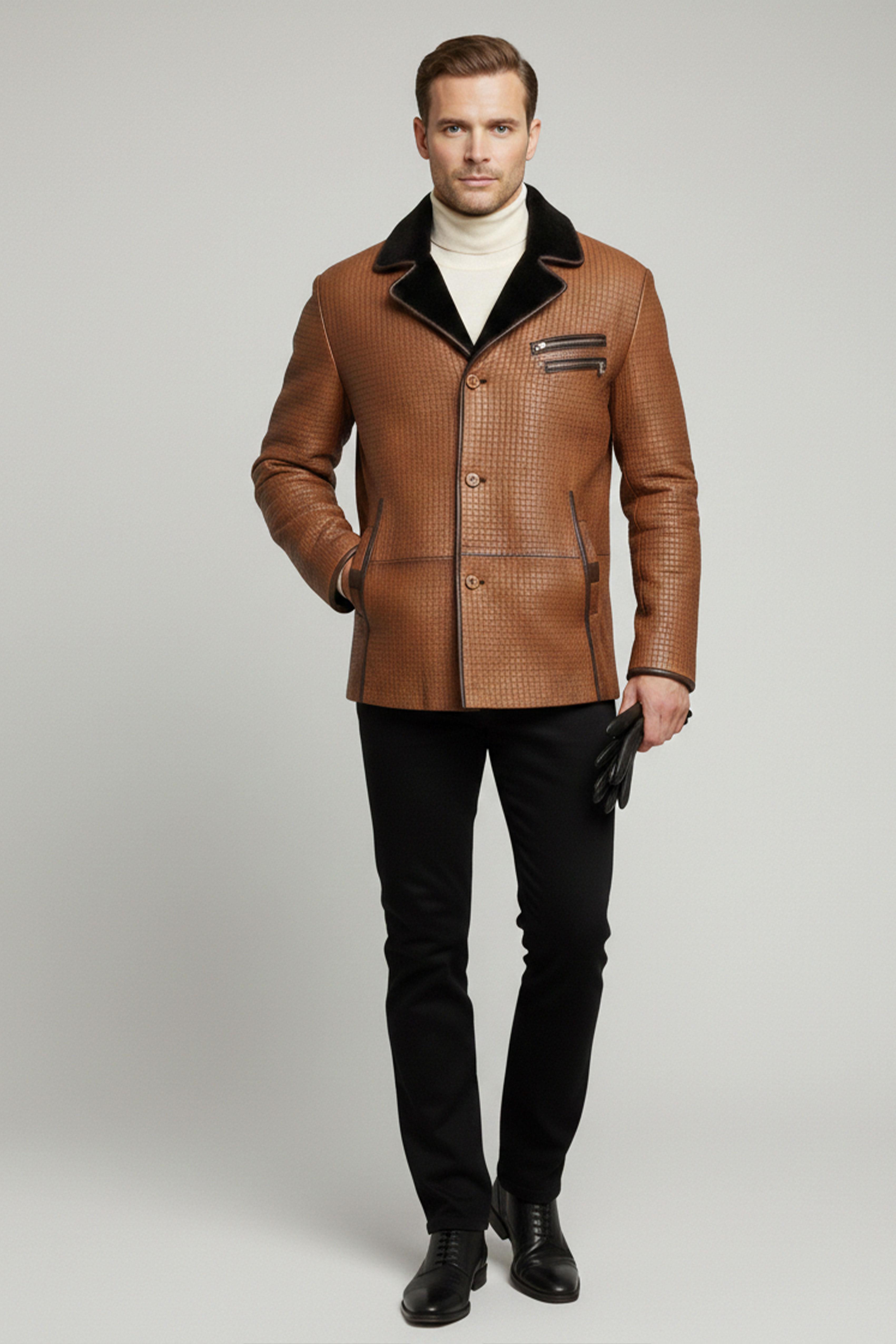 Viski Braxton İçi Kahve Tüylü Fermuarlı Süs Düğmeli Sıcak Tutan Hakiki Kürk Erkek Kaban