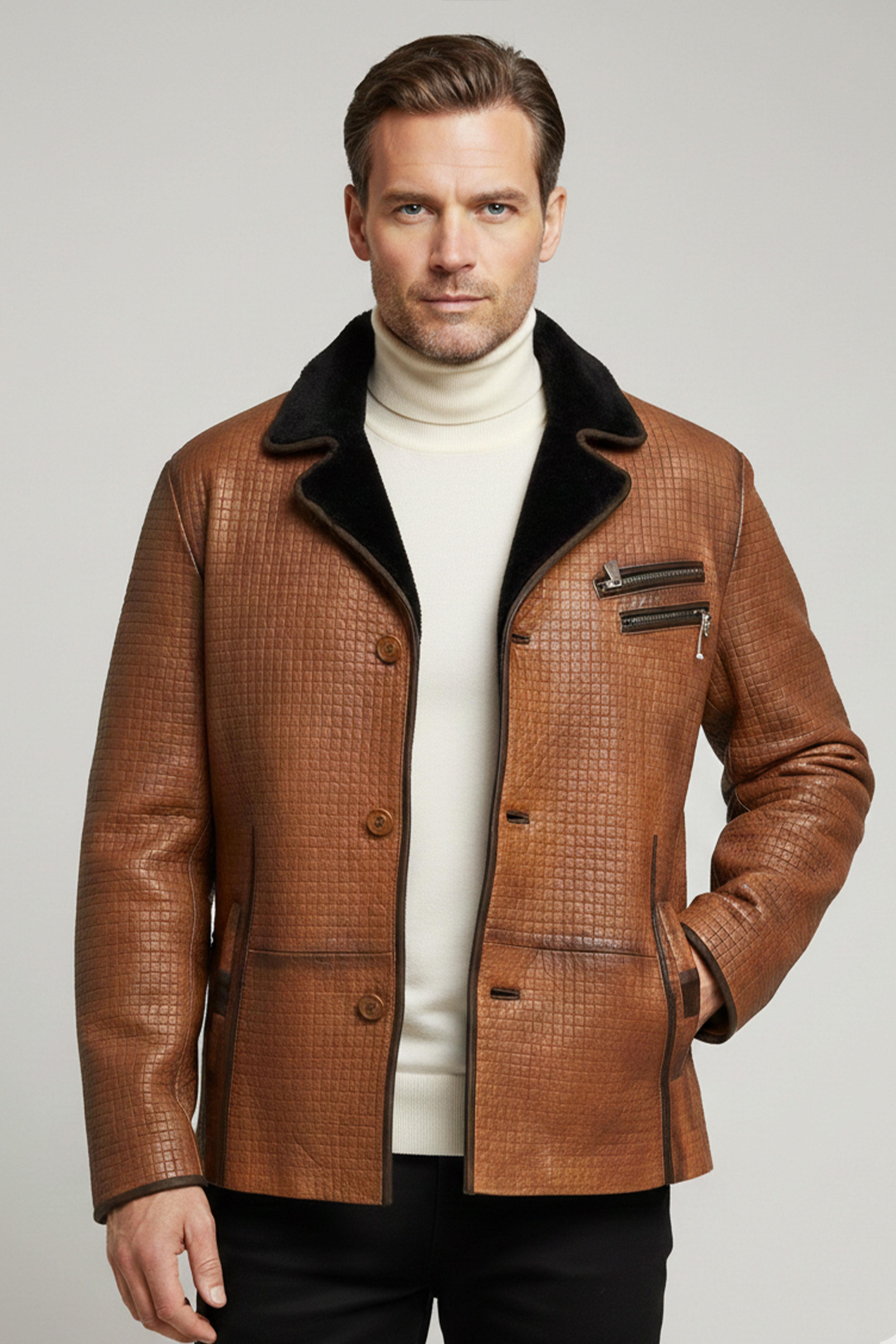 Viski Braxton İçi Kahve Tüylü Fermuarlı Süs Düğmeli Sıcak Tutan Hakiki Kürk Erkek Kaban