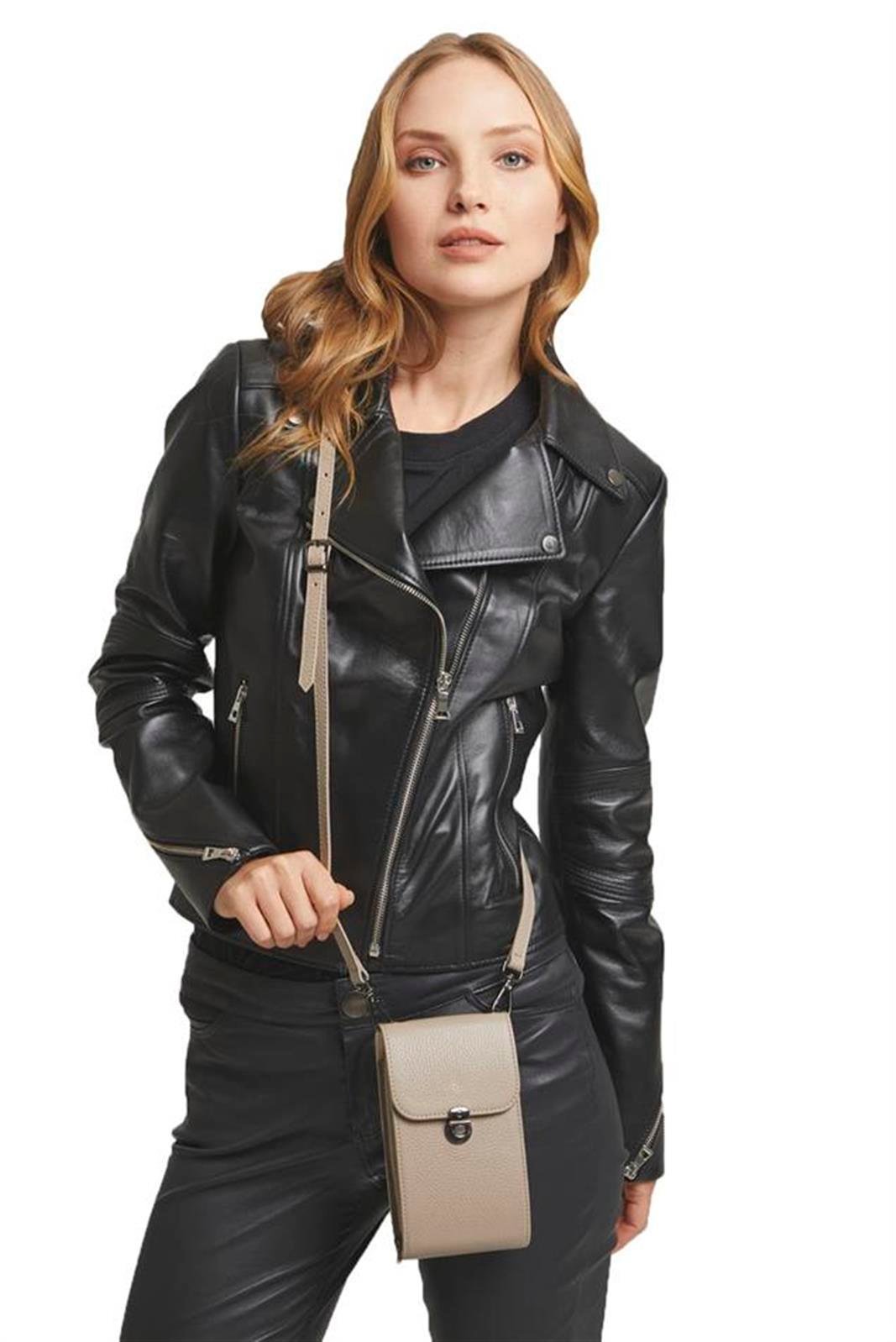 Vizon Ayarlanabilir Saplı Telefon ve Kartlık Bölmeli Hakiki Deri Fermuarlı Kadın Cüzdan Çanta