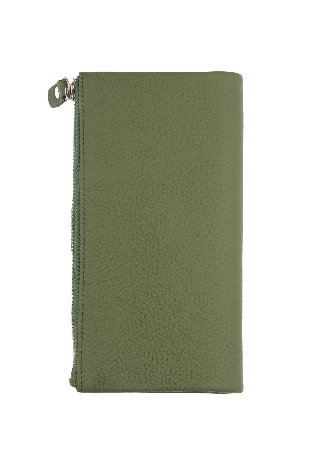 Yeşil Fermuarlı Bölümlü Bol Kartlıklı Kağıt para Bölümlü Uzun Çıtçıt Kapamalı Kadın Deri Cüzdan