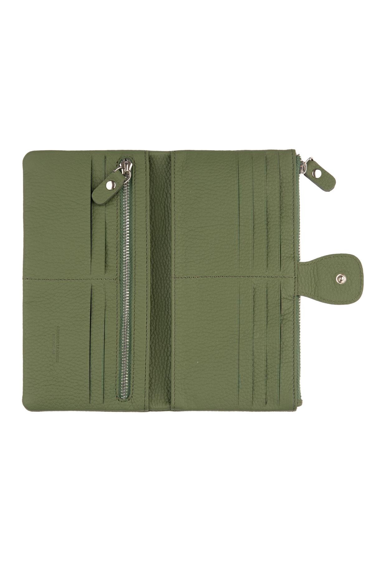 Yeşil Fermuarlı Bölümlü Bol Kartlıklı Kağıt para Bölümlü Uzun Çıtçıt Kapamalı Kadın Deri Cüzdan