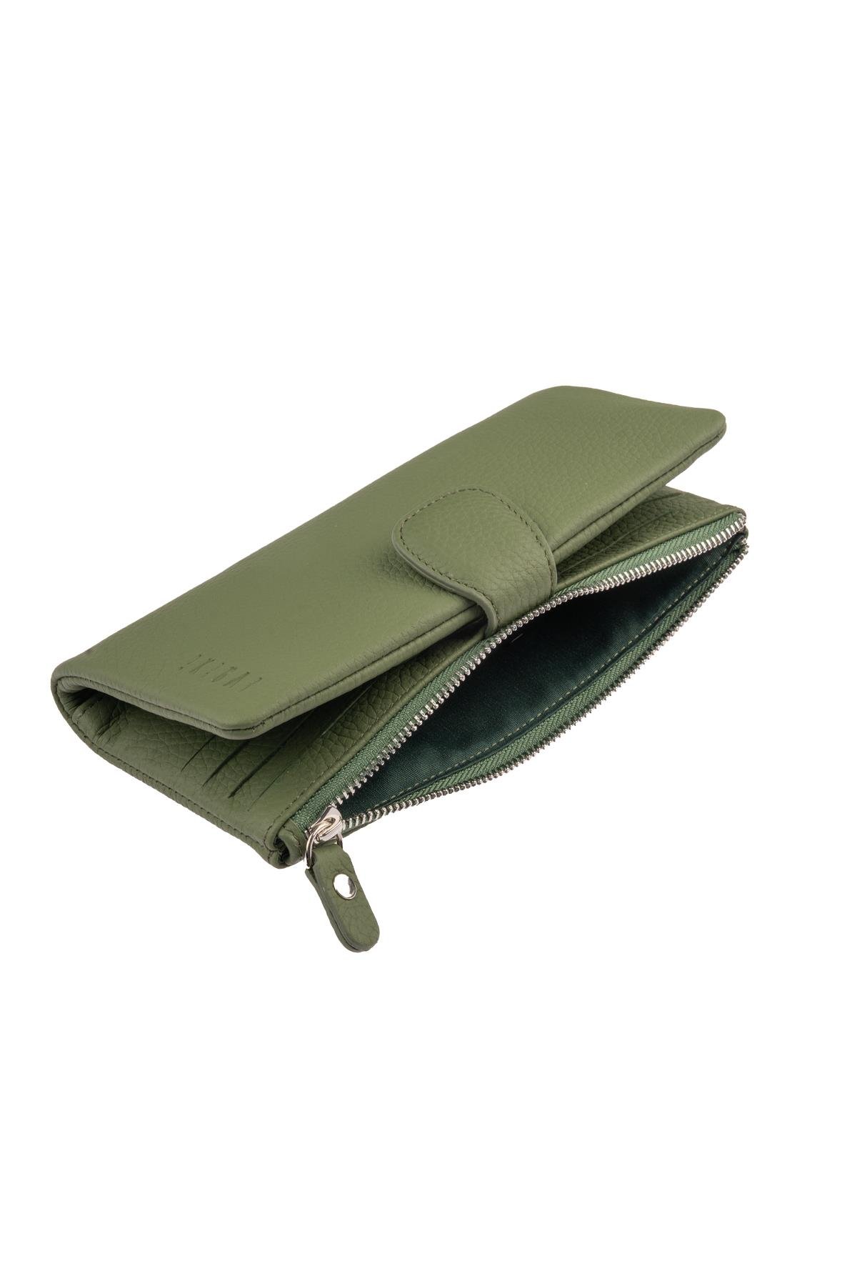 Yeşil Fermuarlı Bölümlü Bol Kartlıklı Kağıt para Bölümlü Uzun Çıtçıt Kapamalı Kadın Deri Cüzdan