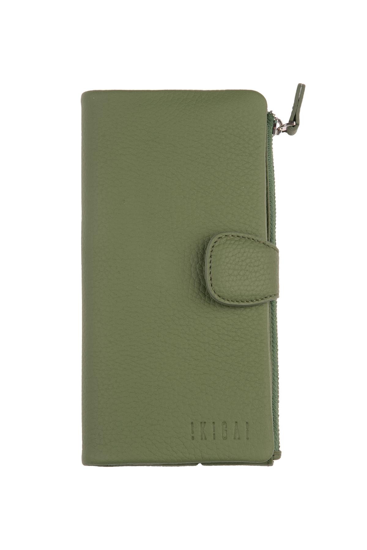 Yeşil Fermuarlı Bölümlü Bol Kartlıklı Kağıt para Bölümlü Uzun Çıtçıt Kapamalı Kadın Deri Cüzdan