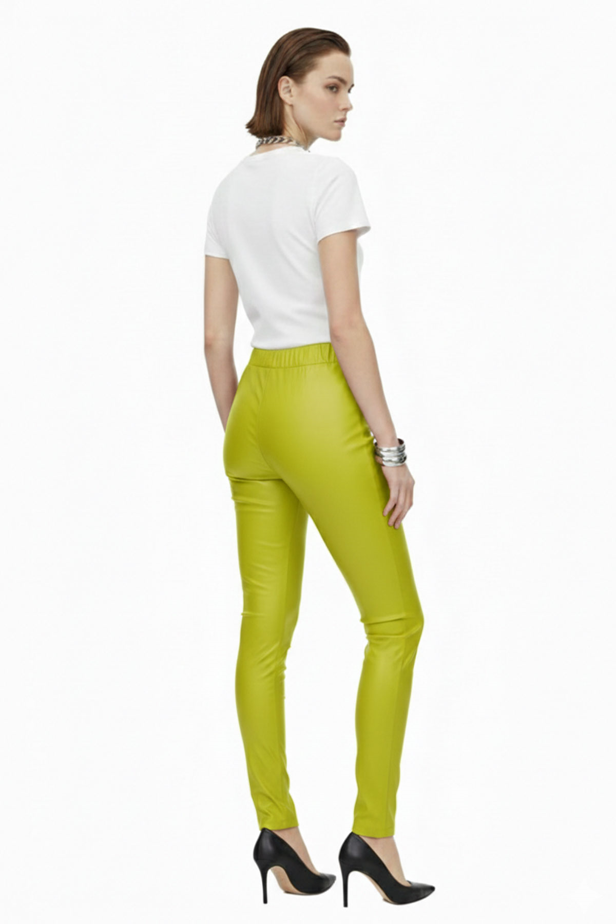 Yeşil Kadın Beli Lastikli Cepsiz Tayt Hakiki Streç Deri Pantolon
