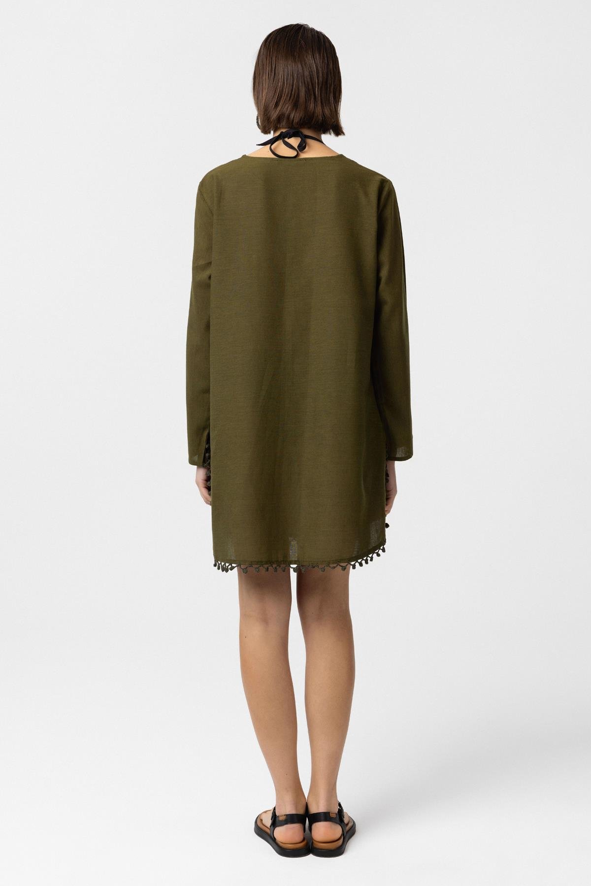 Yeşil Nakış İşlemeli Uzun Kollu Pamuklu Bluz Elbise