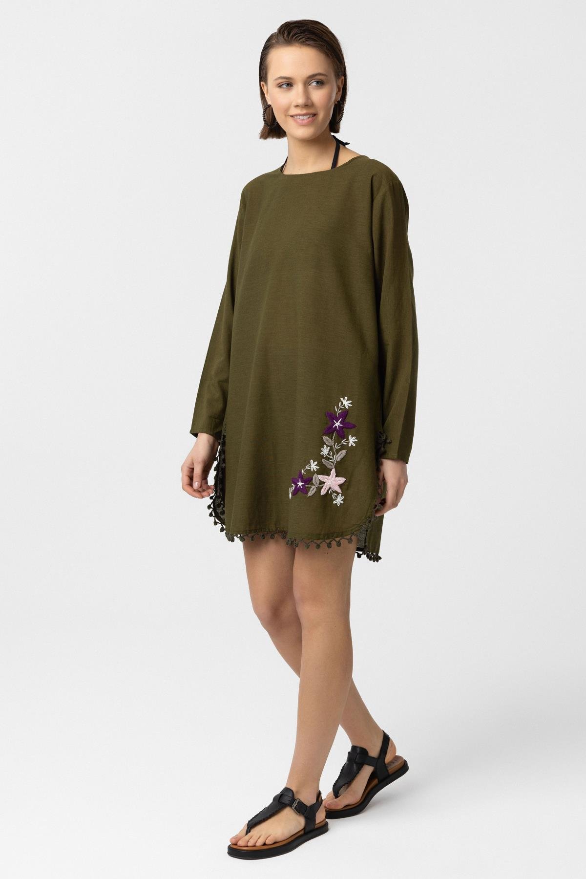 Yeşil Nakış İşlemeli Uzun Kollu Pamuklu Bluz Elbise