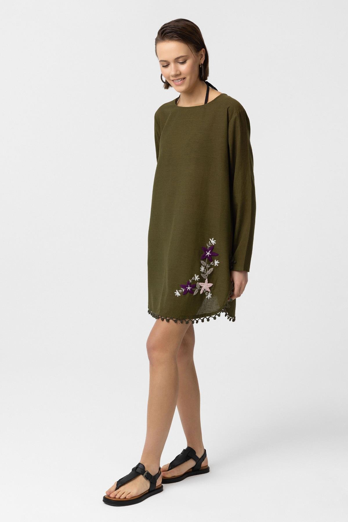 Yeşil Nakış İşlemeli Uzun Kollu Pamuklu Bluz Elbise