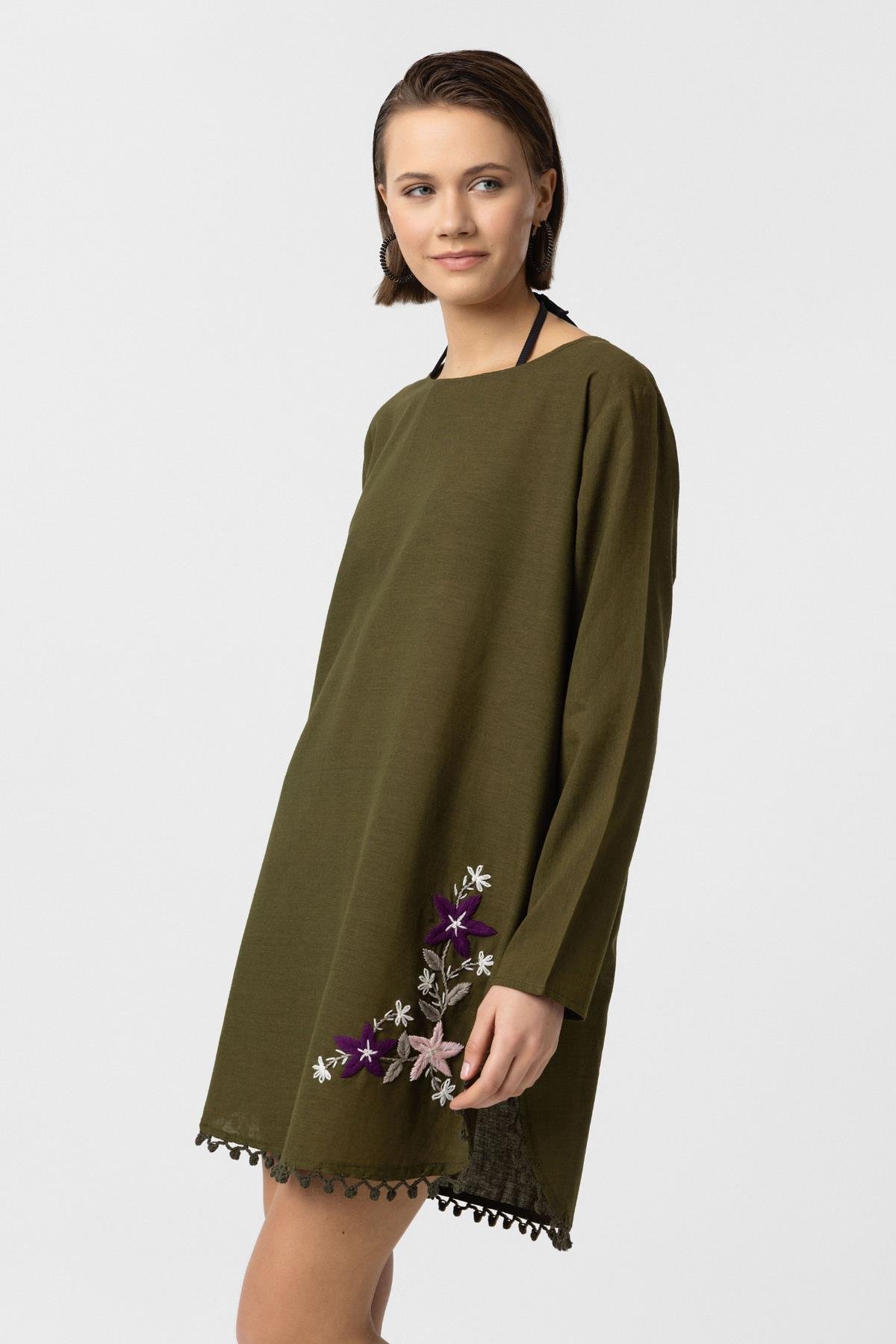Yeşil Nakış İşlemeli Uzun Kollu Pamuklu Bluz Elbise