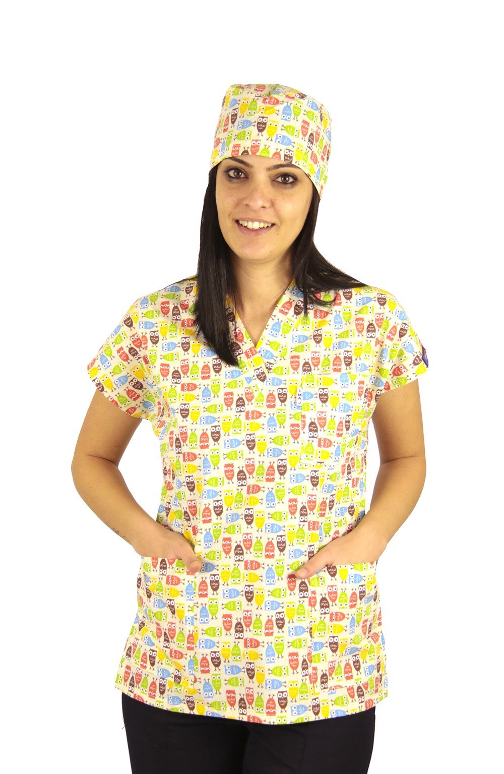 Baykuş Desenli Hipokrat Forma, Pantolon Siyah