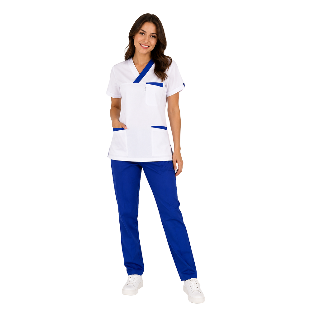 BEYAZ, SAKS MAVİ BİYELİ V YAKA ÜNÜFORMA TAKIMBiyeli hemşire forma hemşire renkli kombin çift renk hemşire takımıRenkli Kombin Formalar
