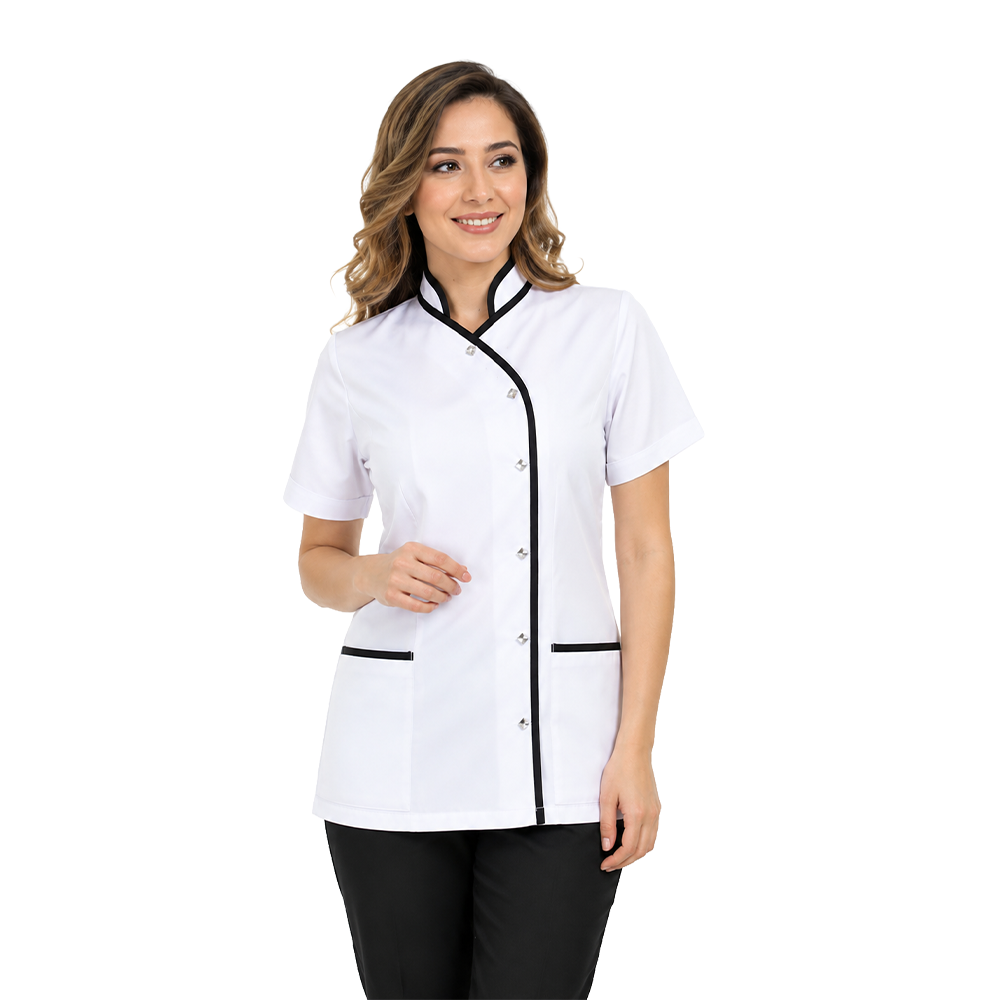 Helena Model Üst Beyaz Siyah Biyeli Alt Pantolon SiyahKısa kollu bayan önlük Doktor Önlüğü Alpaka kumaş Öğretmen önlüğühelena modelleri