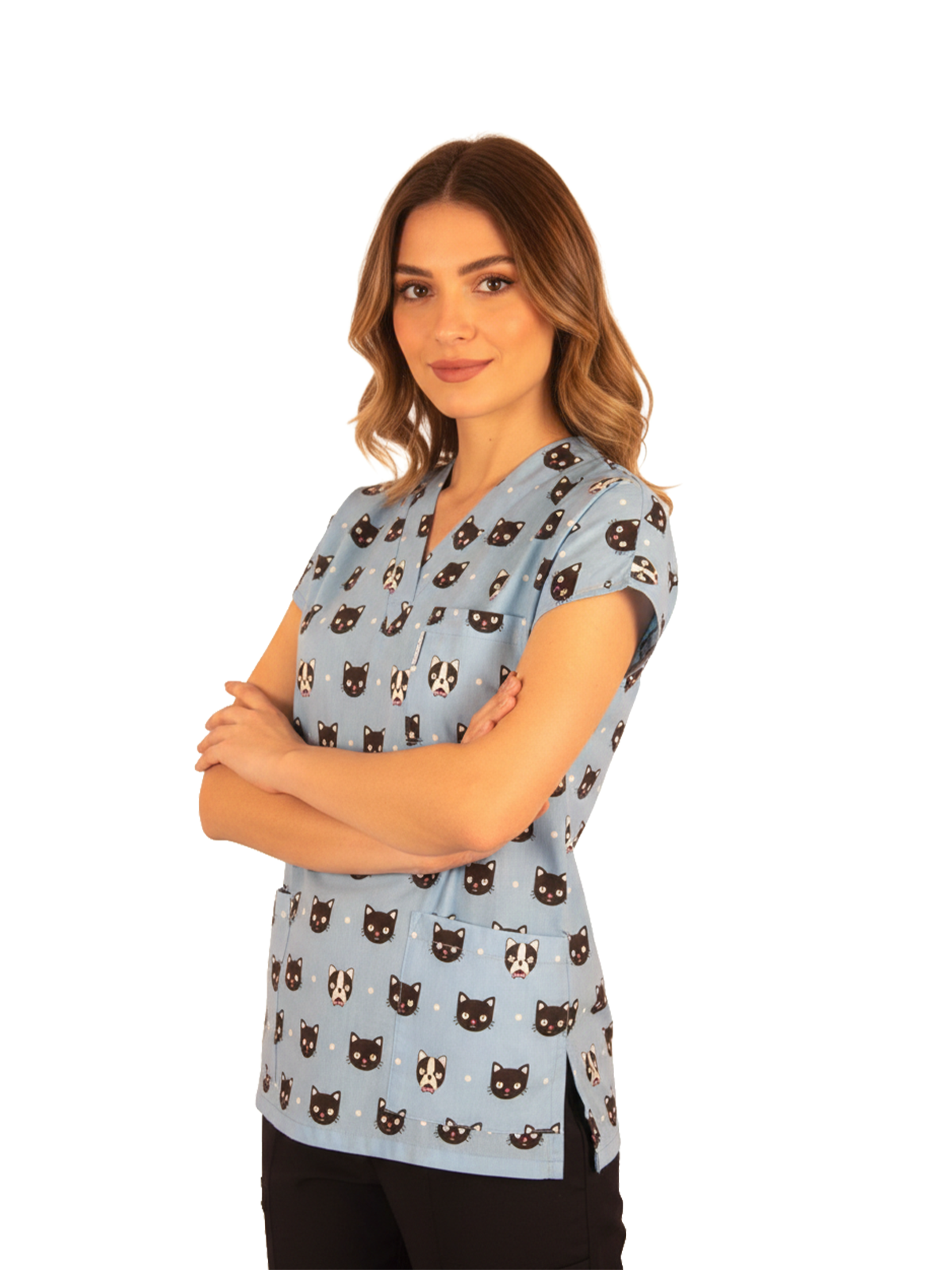 Kedi Köpek Desen Yarasa Kol Bayan Hemşire Tek Üstdesenli üst, desenli doktor forması, desenli hastane forması, desenli scrubs, desenli medikal üst, desenli hemşire önlüğü, desenli doktor önlüğü, baskılı hemşire forması, renkli hemşire forması, renkli hastane forması, scrubs, desenli cerrahi formasıDesenli Forma Takımları