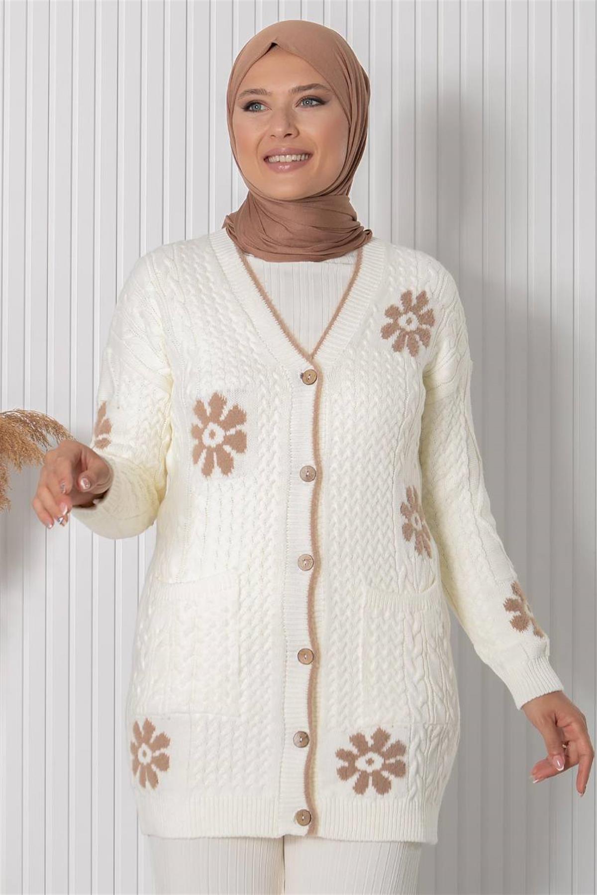 ÇİÇEK DESENLİ TRİKO HIRKA34014-EKRUFahima Elite