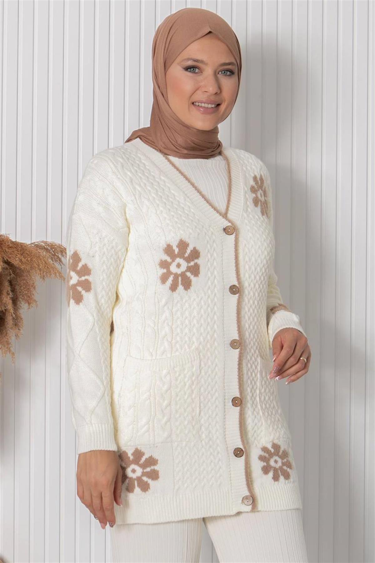 ÇİÇEK DESENLİ TRİKO HIRKA34014-EKRUFahima Elite