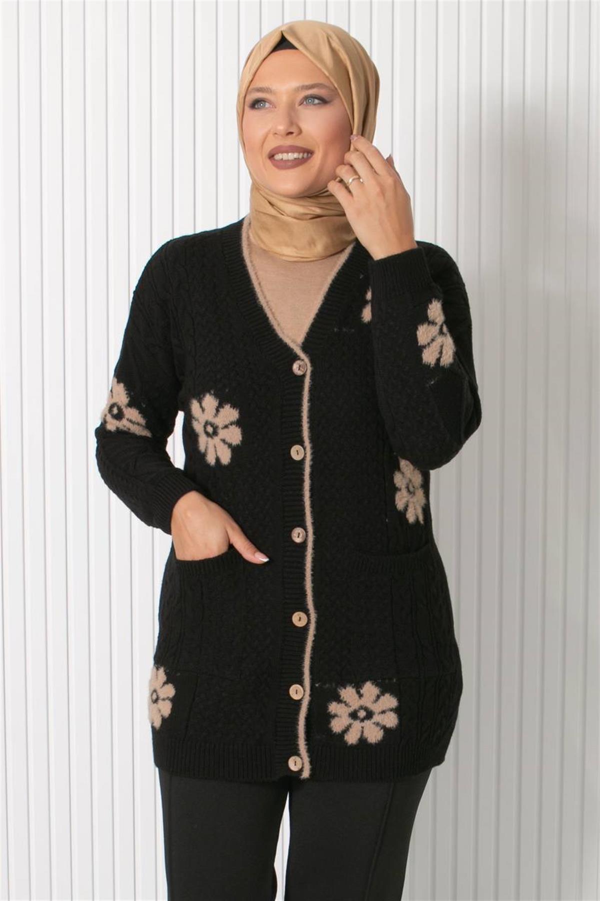 ÇİÇEK DESENLİ TRİKO HIRKA34014-SİYAHFahima Elite