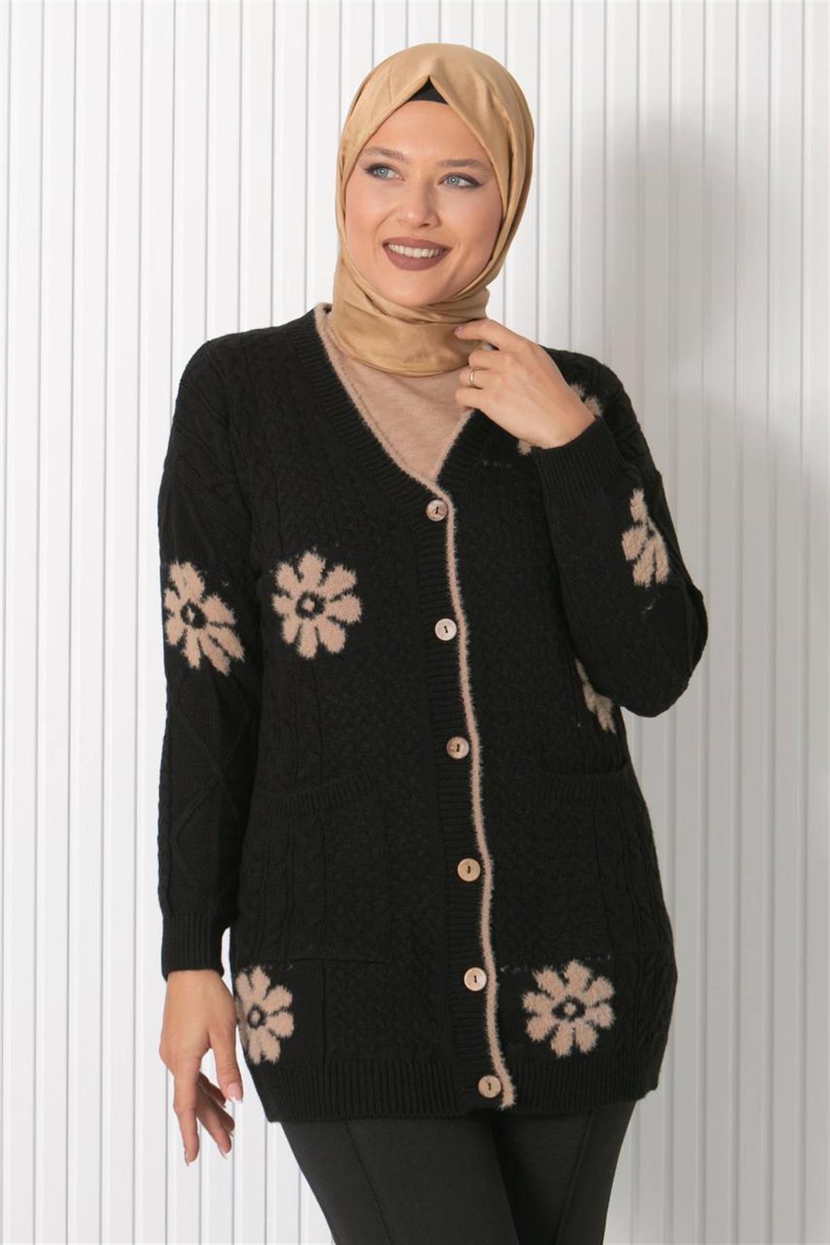 ÇİÇEK DESENLİ TRİKO HIRKA34014-SİYAHFahima Elite
