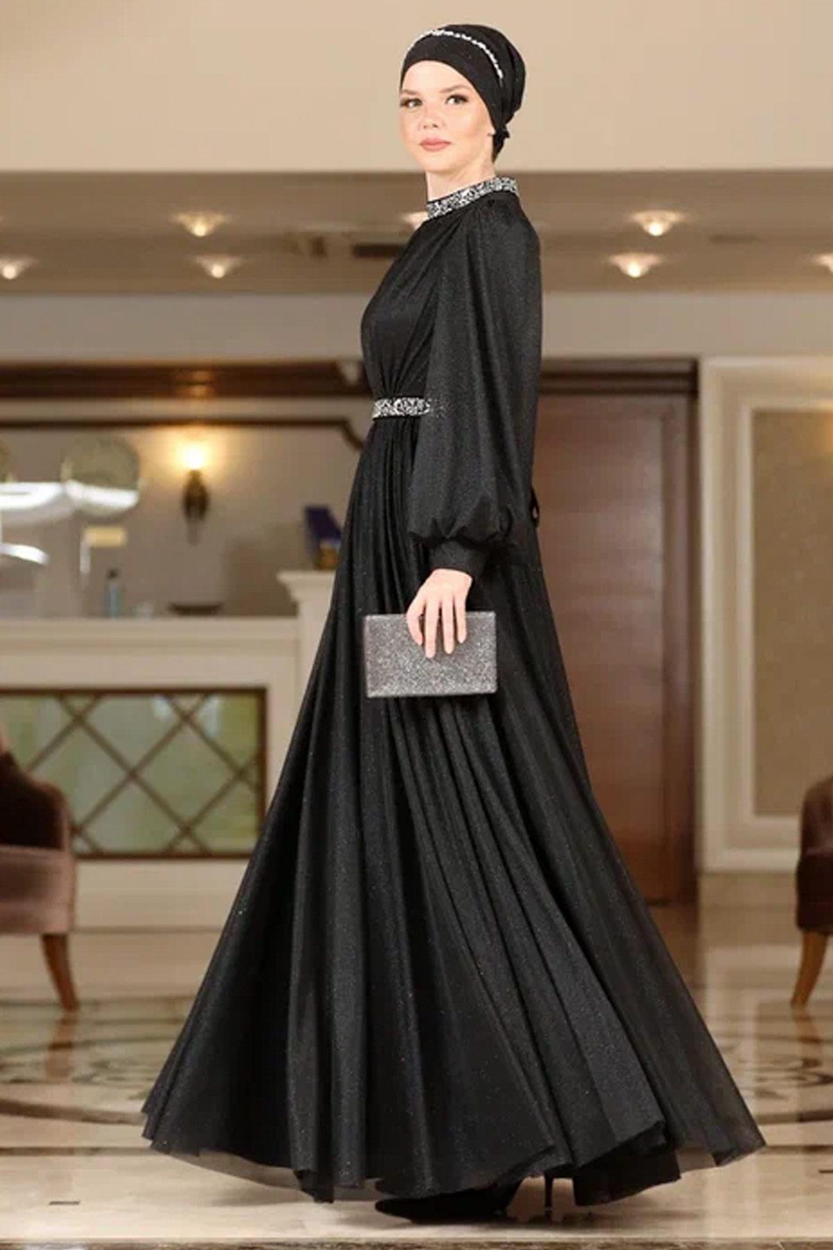 Stone Embroidered Silvery Tulle Evening Dress Black AHN230AHN230-SİYAHAhunisa
