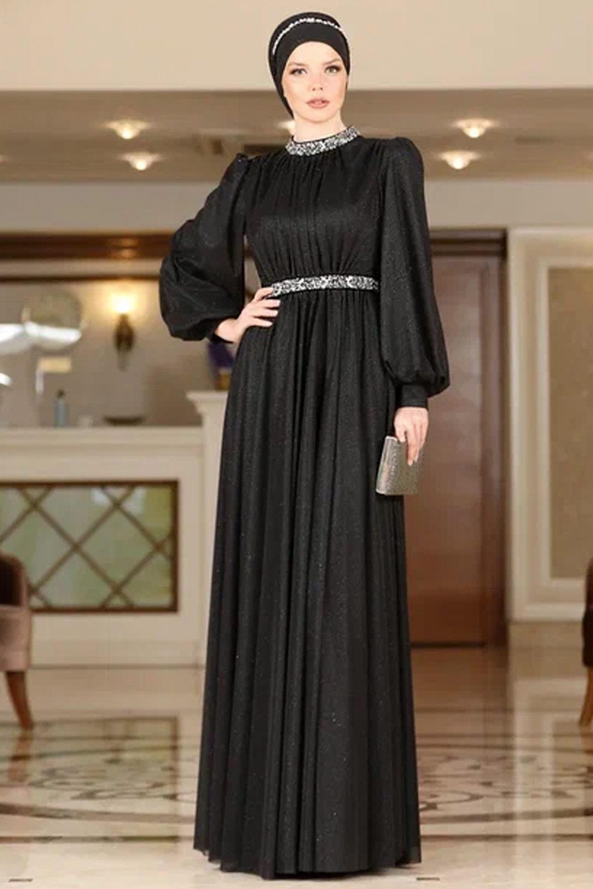 Stone Embroidered Silvery Tulle Evening Dress Black AHN230AHN230-SİYAHAhunisa