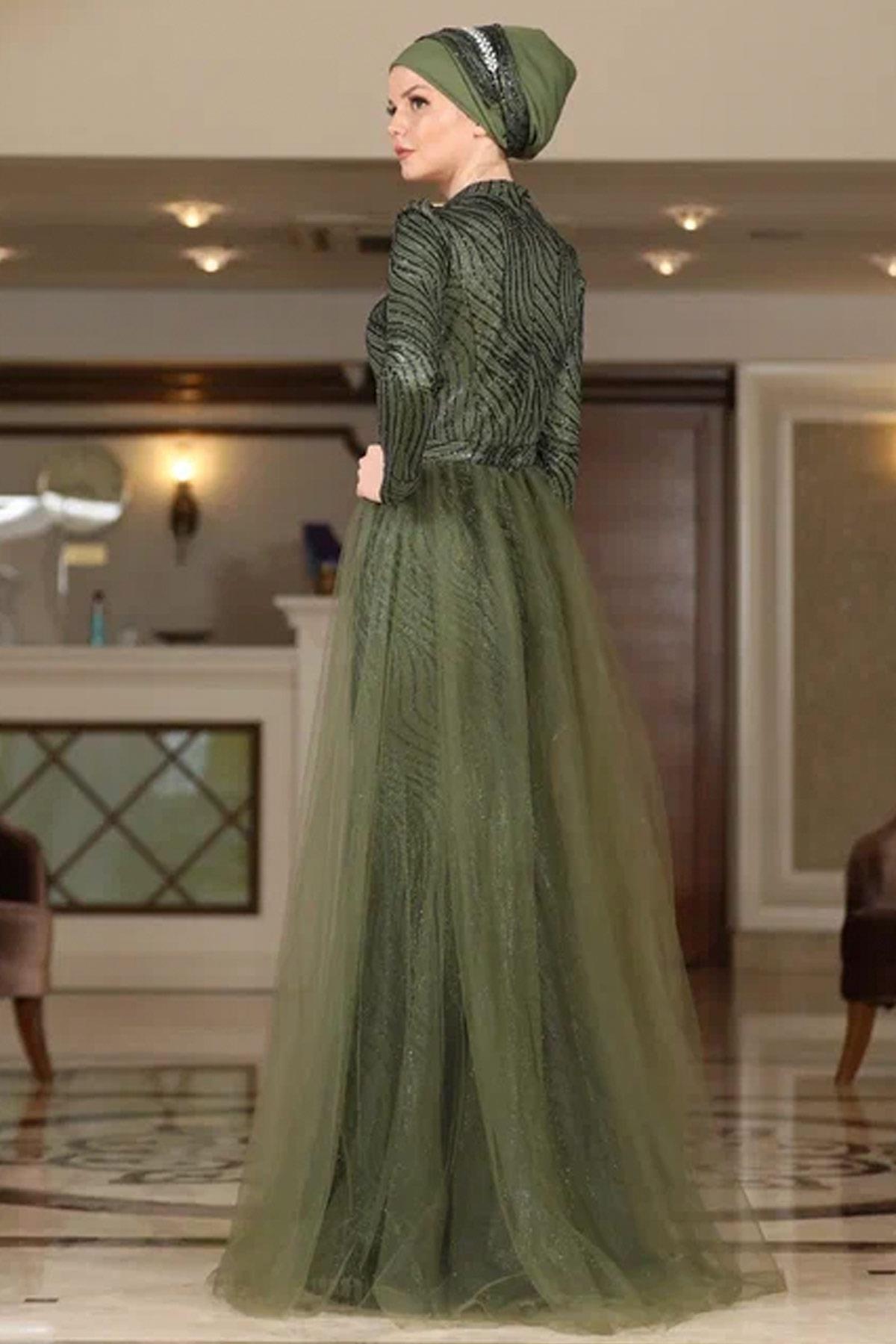 Robe de Soirée Argentée émeraude AHN234AHN234-ZÜMRÜTAhunisa