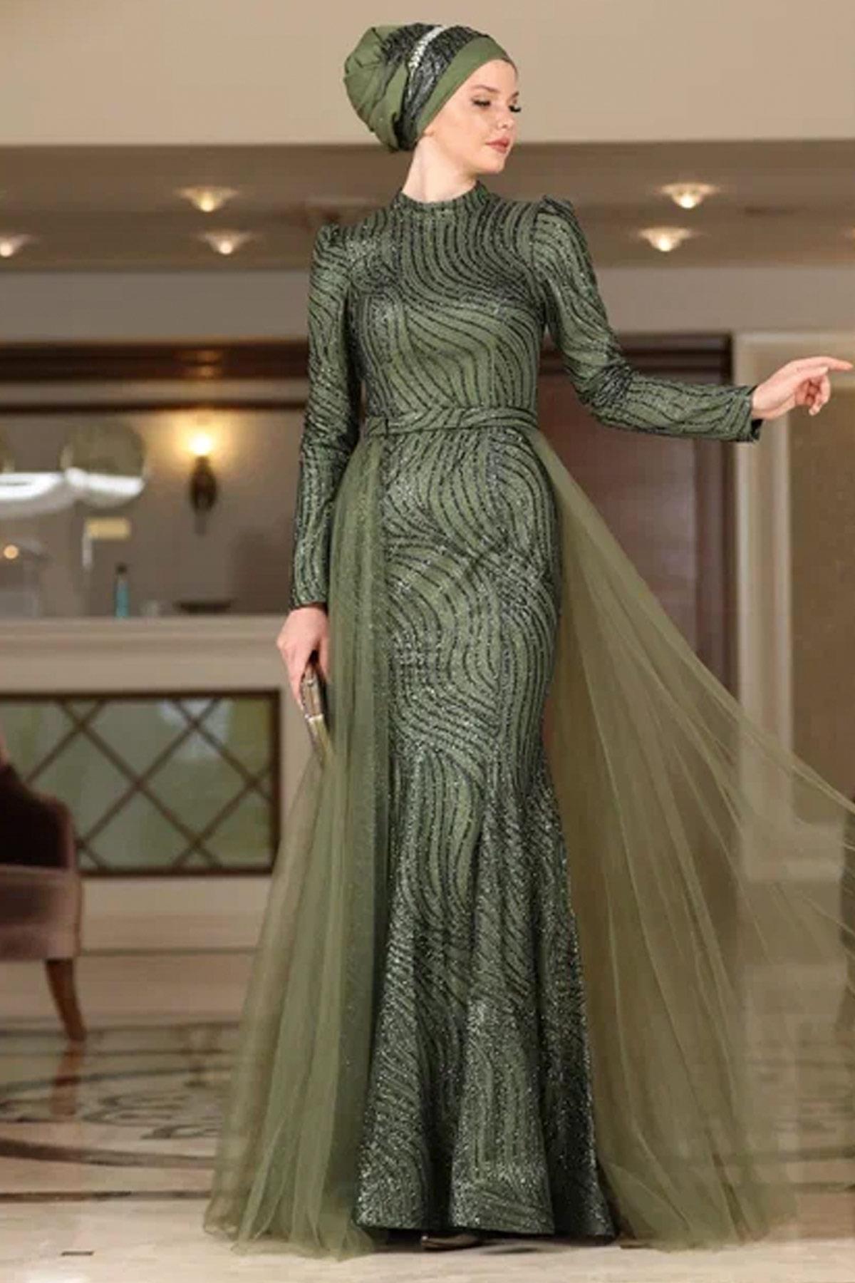 Robe de Soirée Argentée émeraude AHN234AHN234-ZÜMRÜTAhunisa