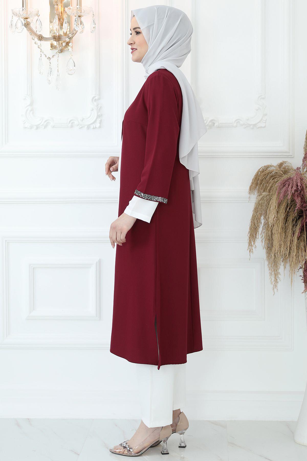 Jacket - Tunic - Pants - 3 Piece Suit - Crepe - Unlined - Crew Neck - Claret Red - AMH122AMH122-BORDOAmine Hüma