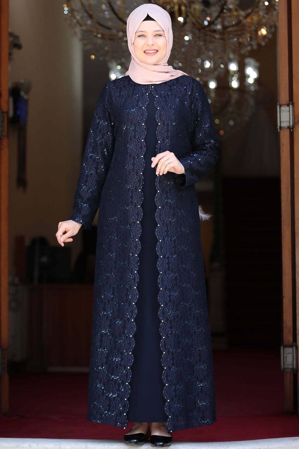 Evening Dress - Lycra - Unlined - Crew Neck - Dark Navy Blue - AMH502AMH502-LACİVERTAmine Hüma