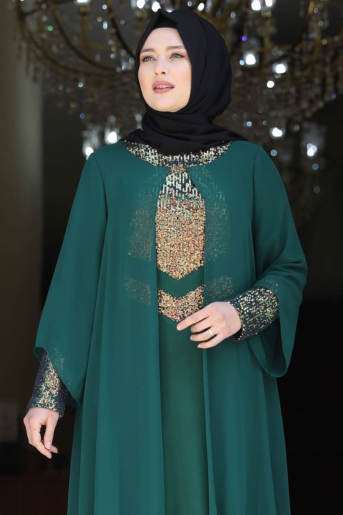 Evening Dress - Lycra - Unlined - Crew Neck - Emerald  - AMH505AMH505-ZÜMRÜTAmine Hüma