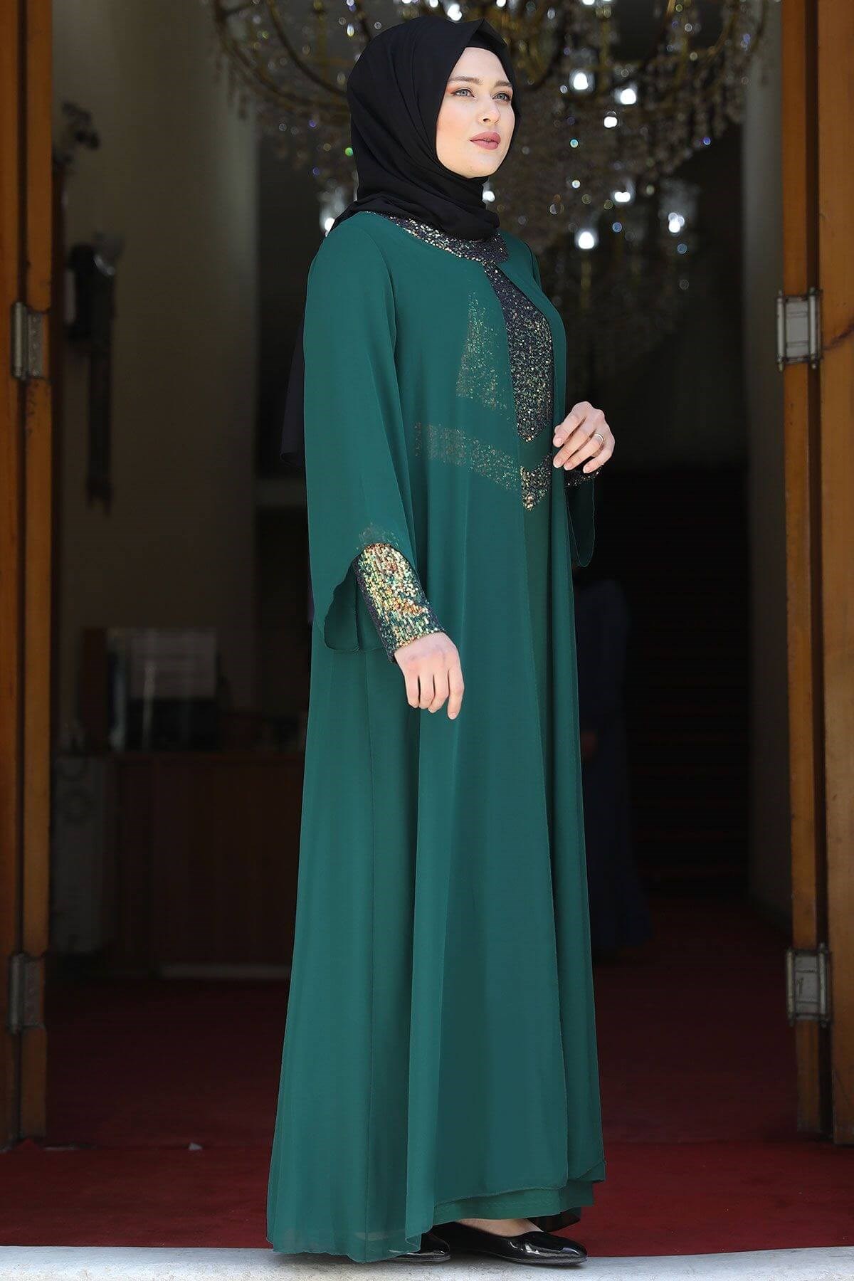 Evening Dress - Lycra - Unlined - Crew Neck - Emerald  - AMH505AMH505-ZÜMRÜTAmine Hüma