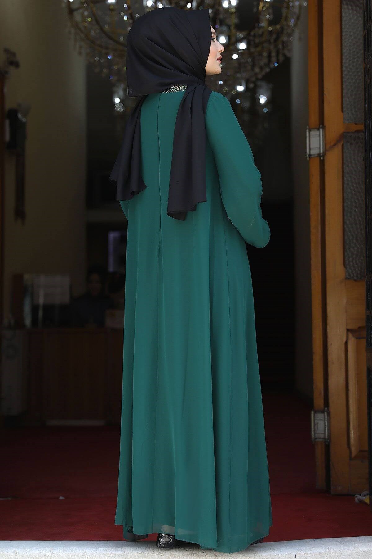Evening Dress - Lycra - Unlined - Crew Neck - Emerald  - AMH505AMH505-ZÜMRÜTAmine Hüma