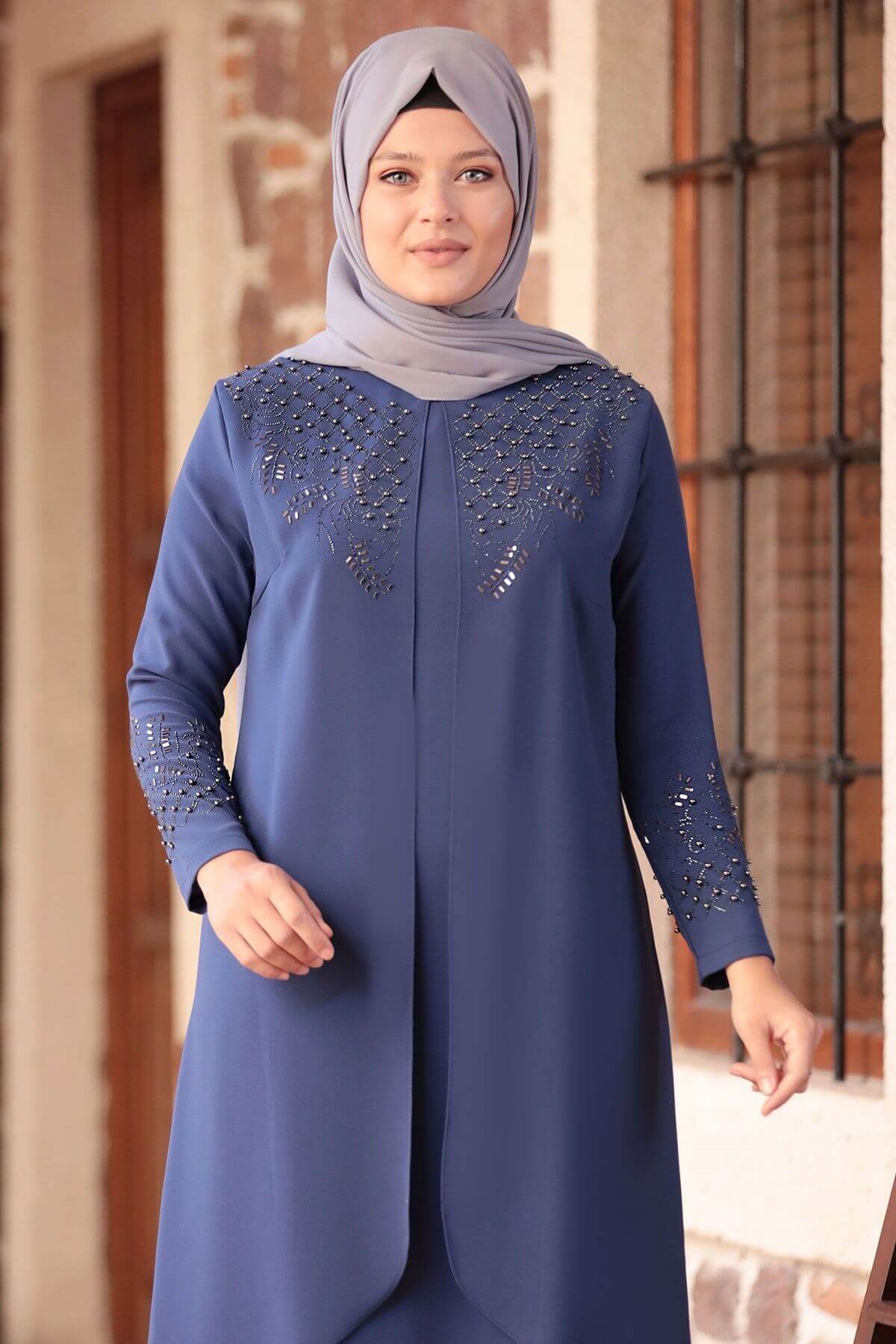 Dress - Crepe - Unlined - Crew Neck - Indigo - AMH610AMH610-İNDİGOAmine Hüma